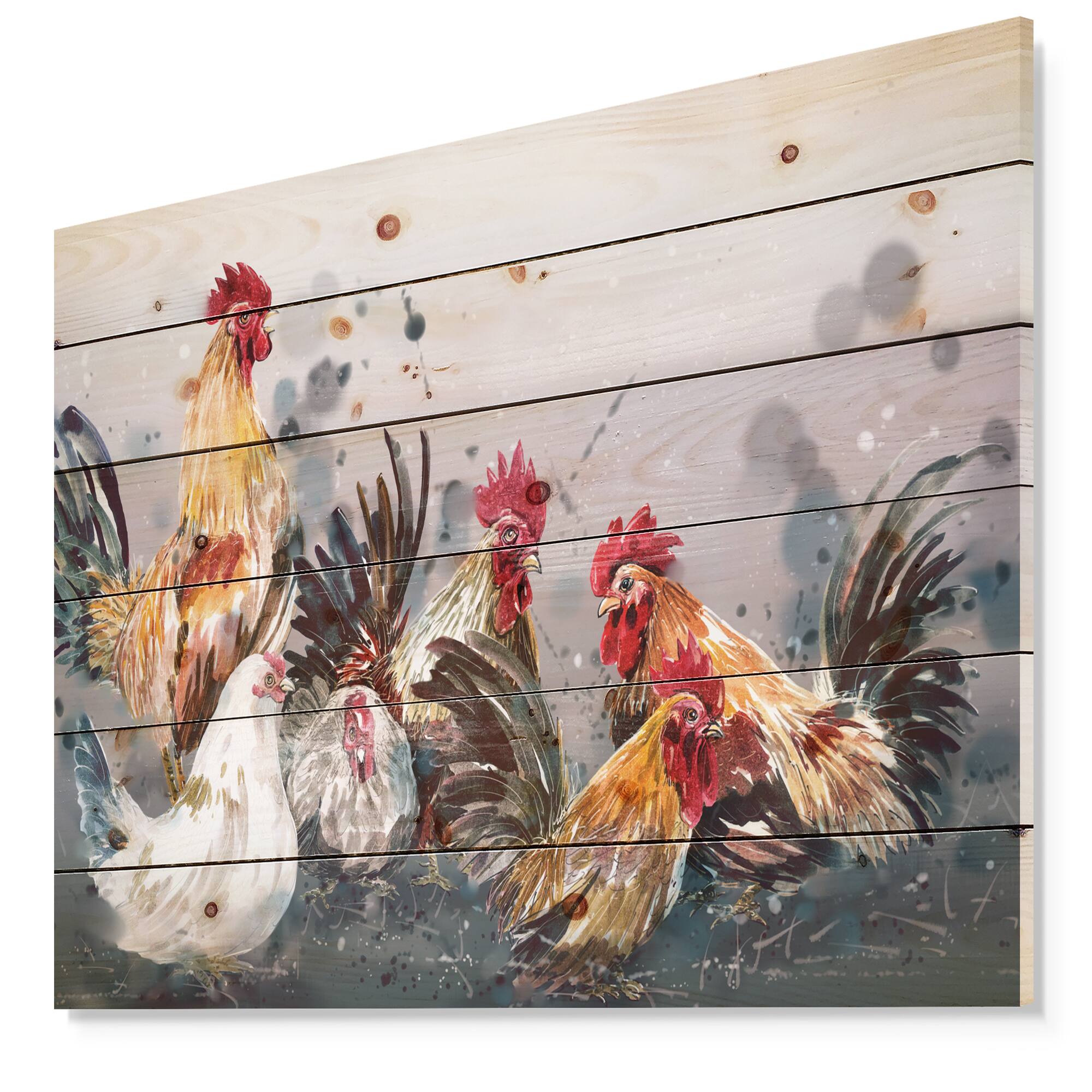 Designart - Group of Rooster in Gray Farm background