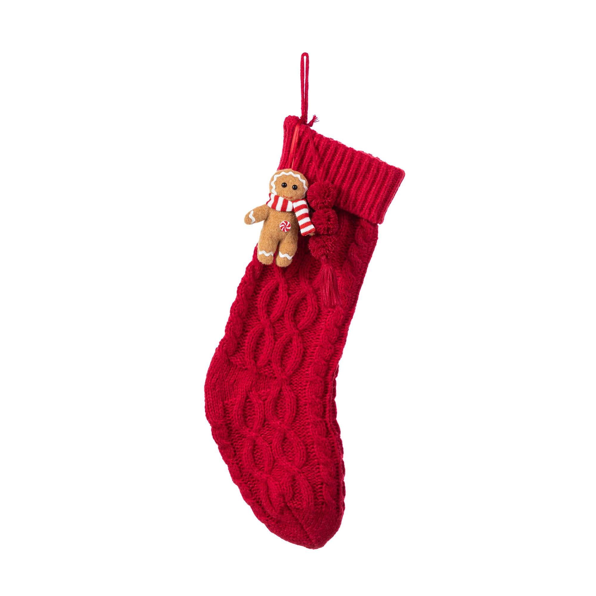 Glitzhome® 22"L Red Knitted Christmas Stocking with Gingerbread Man Ornament