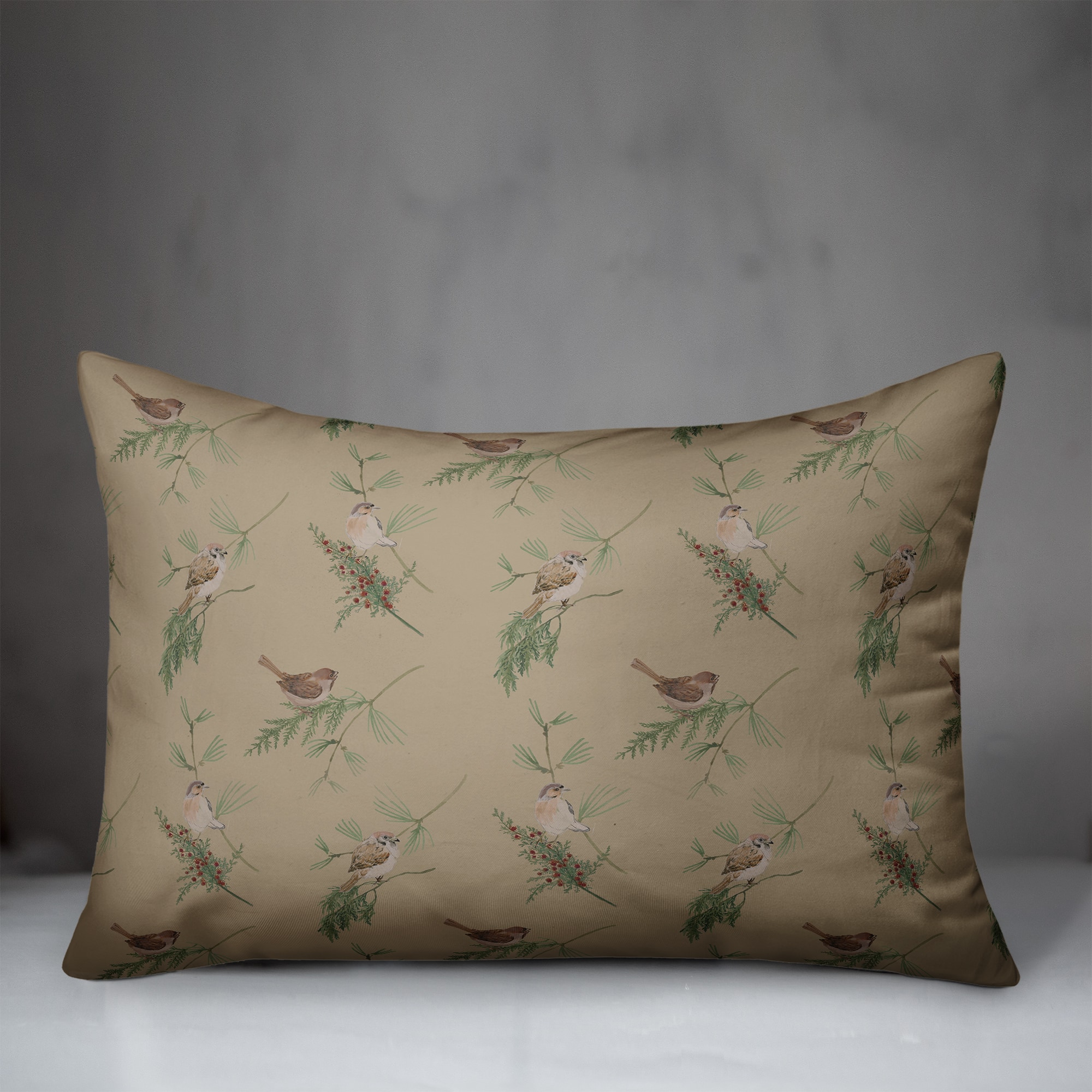 Pine & Birds on Brown Rectangle Throw Pillow