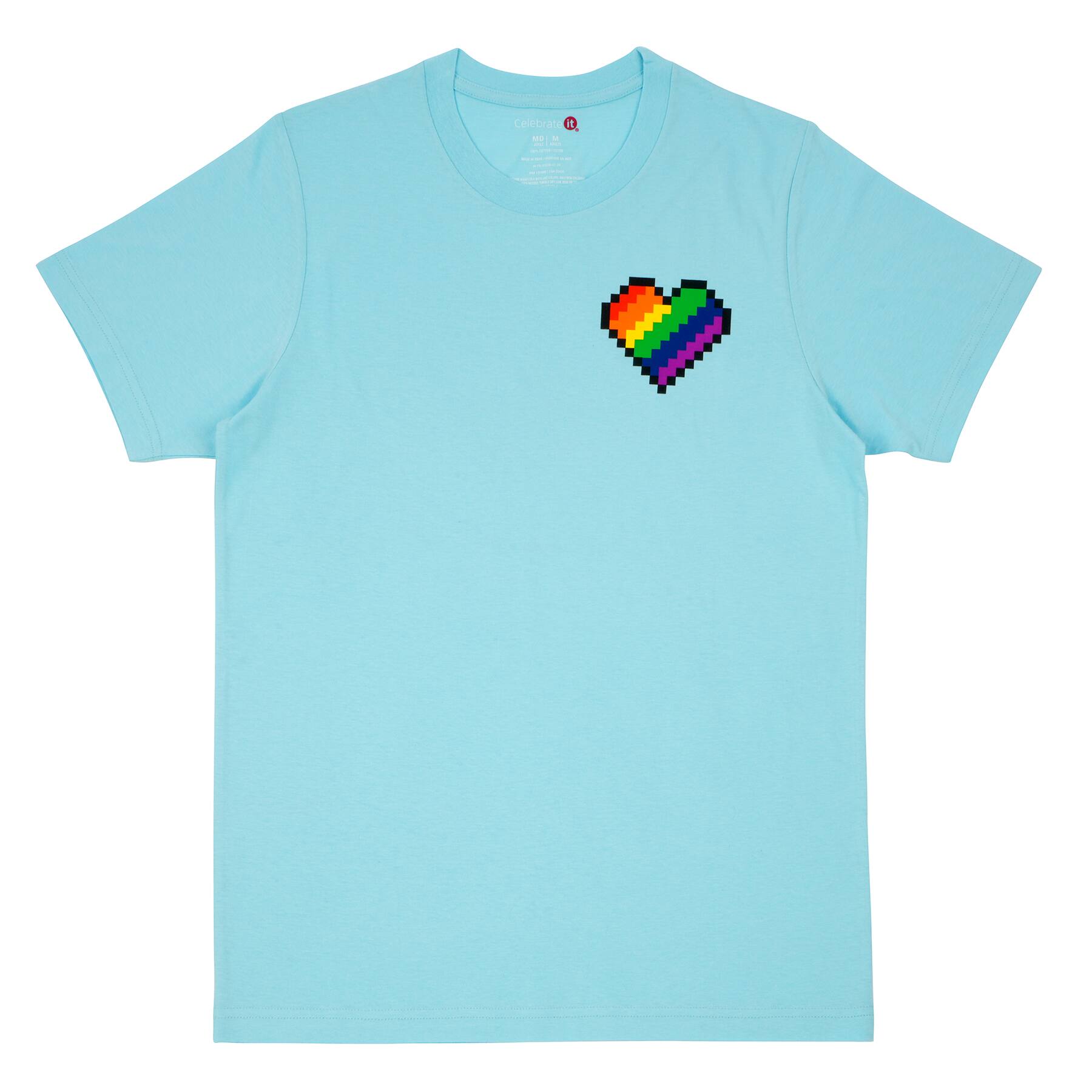 Pride Light Teal Rainbow Pixel Heart Adult Crew Neck T-Shirt by Celebrate It
