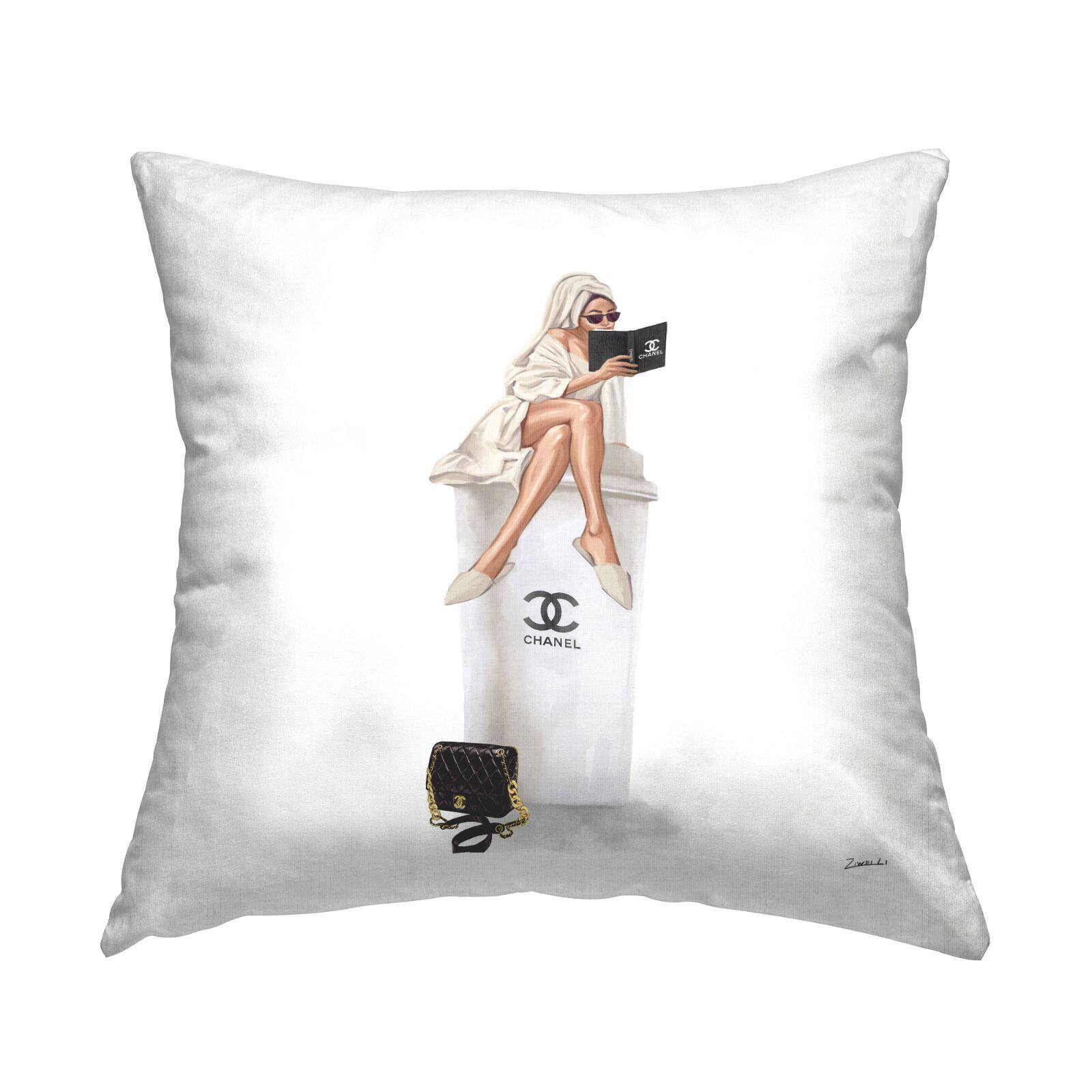 Stupell Industries Morning Coffee Trendy Glam Woman Sitting Throw Pillow, 18" x 18"