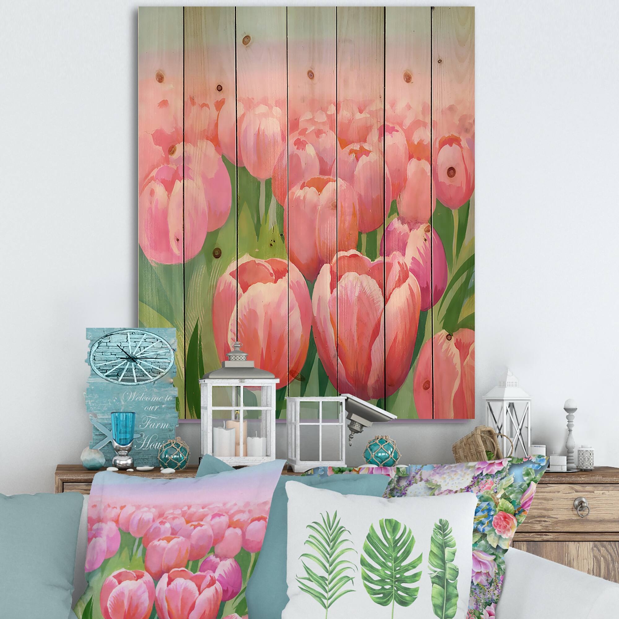 Designart - Field of Pink Tulips - Traditional Print on Natural Pine Wood