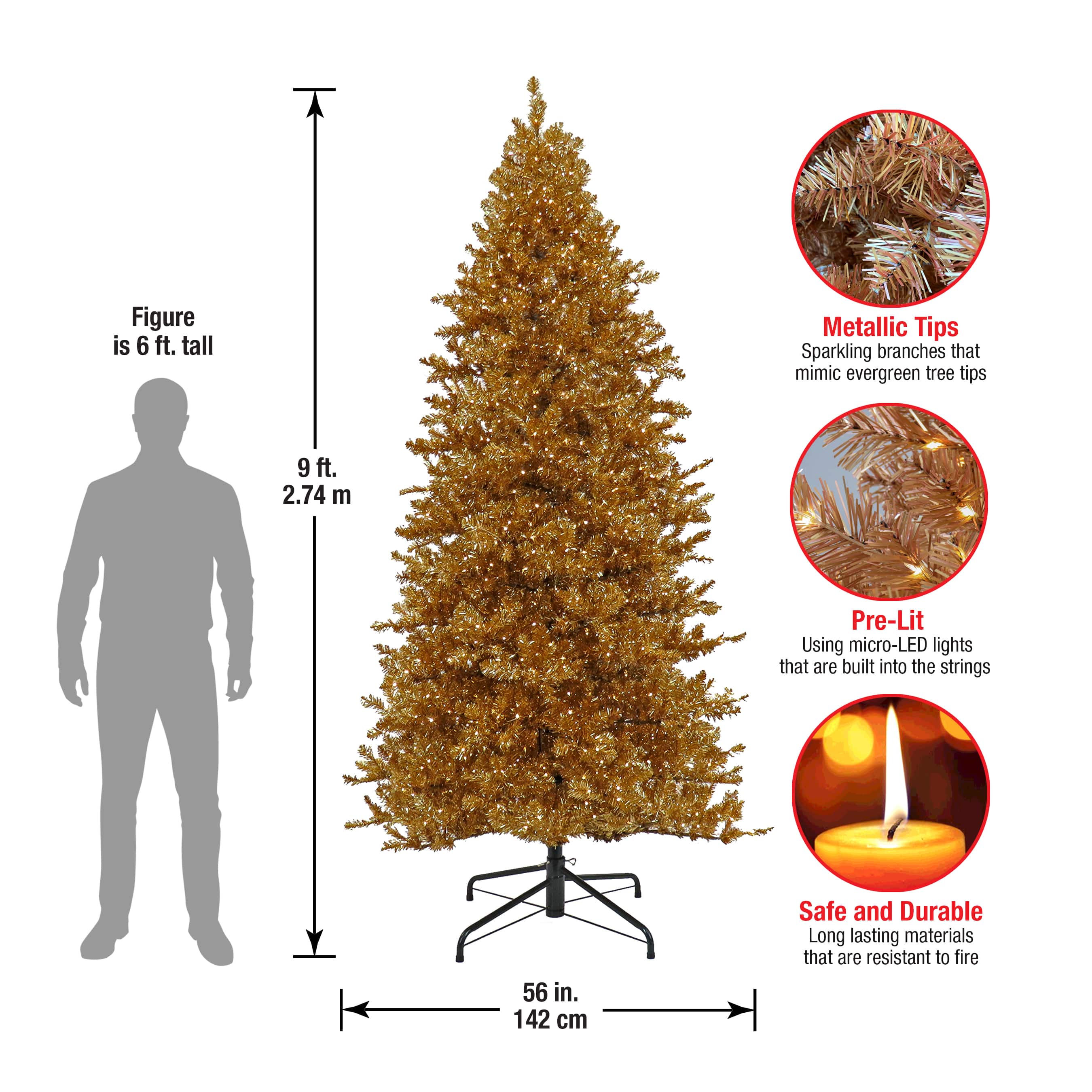 9ft. Pre-Lit True Gold Metallic Artificial Christmas Tree, White LED Lights