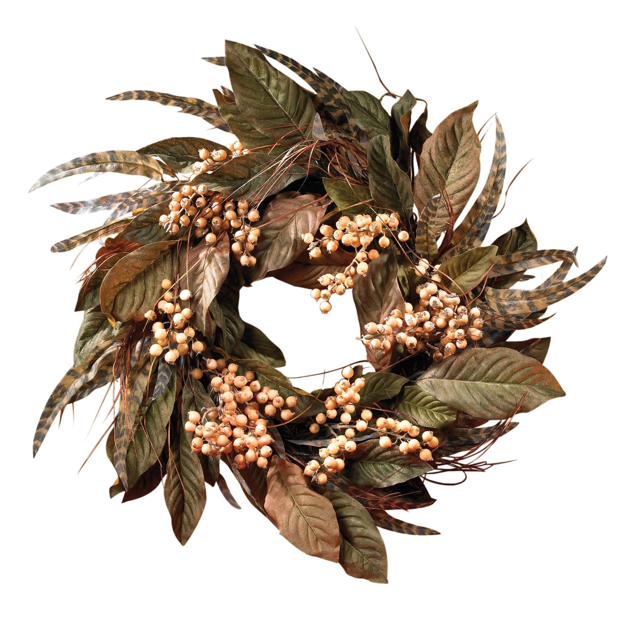 24&#x22; Green Feather &#x26; Berry Wreath