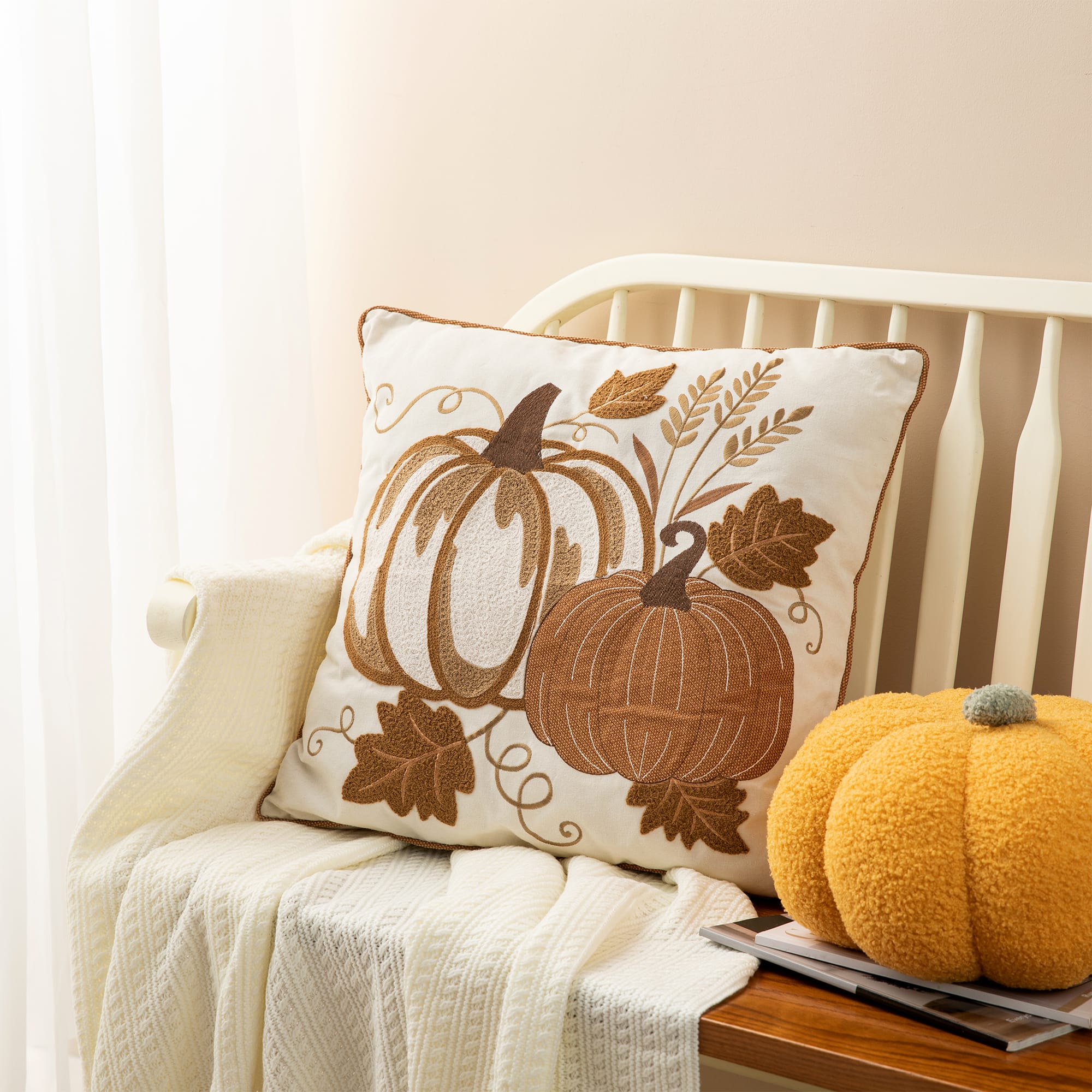 Glitzhome&#xAE; Cotton Embroidered Pumpkin Pillow Cover