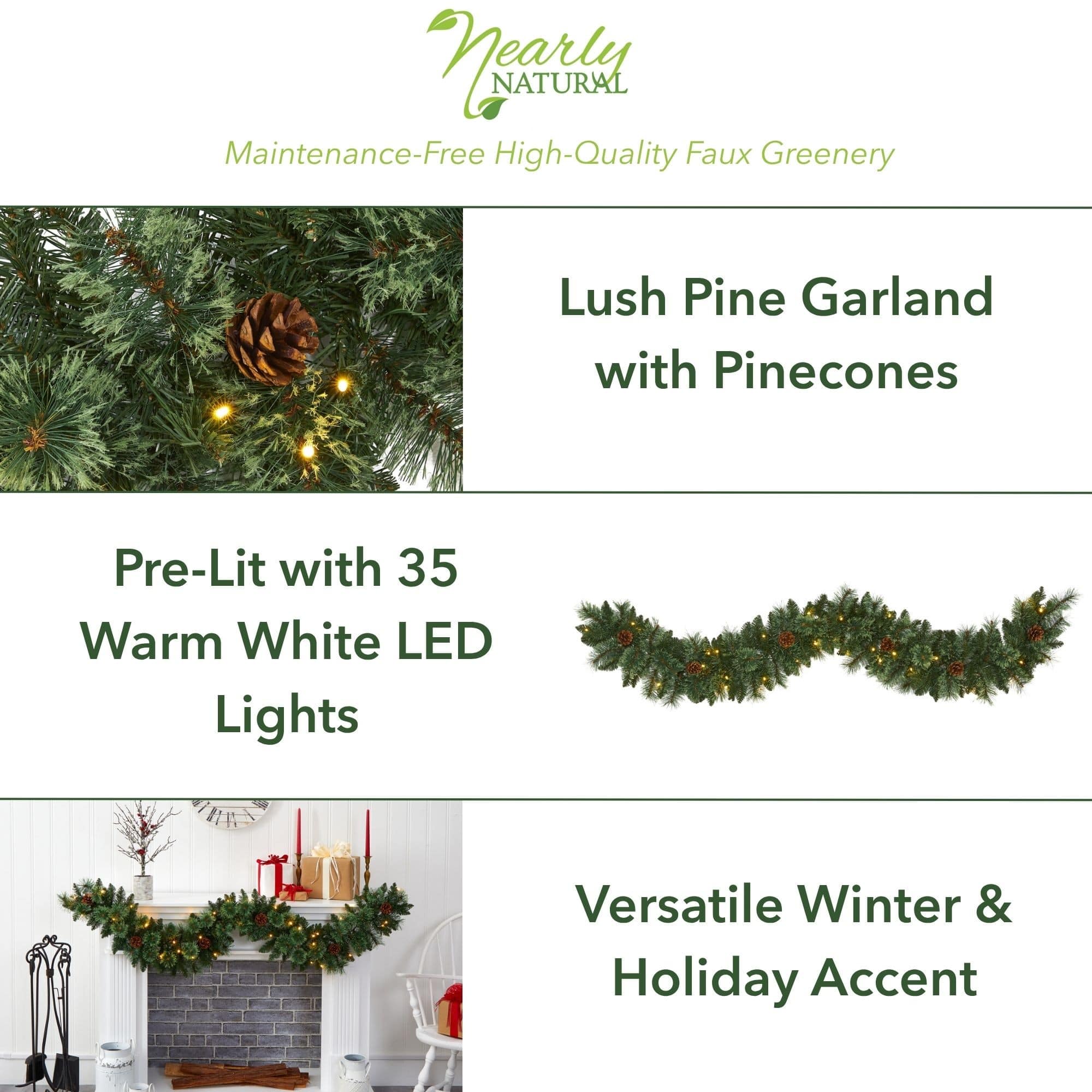 6ft. Pre-Lit White Warm LED White Mountain Pine &#x26; Pinecones Artificial Garland