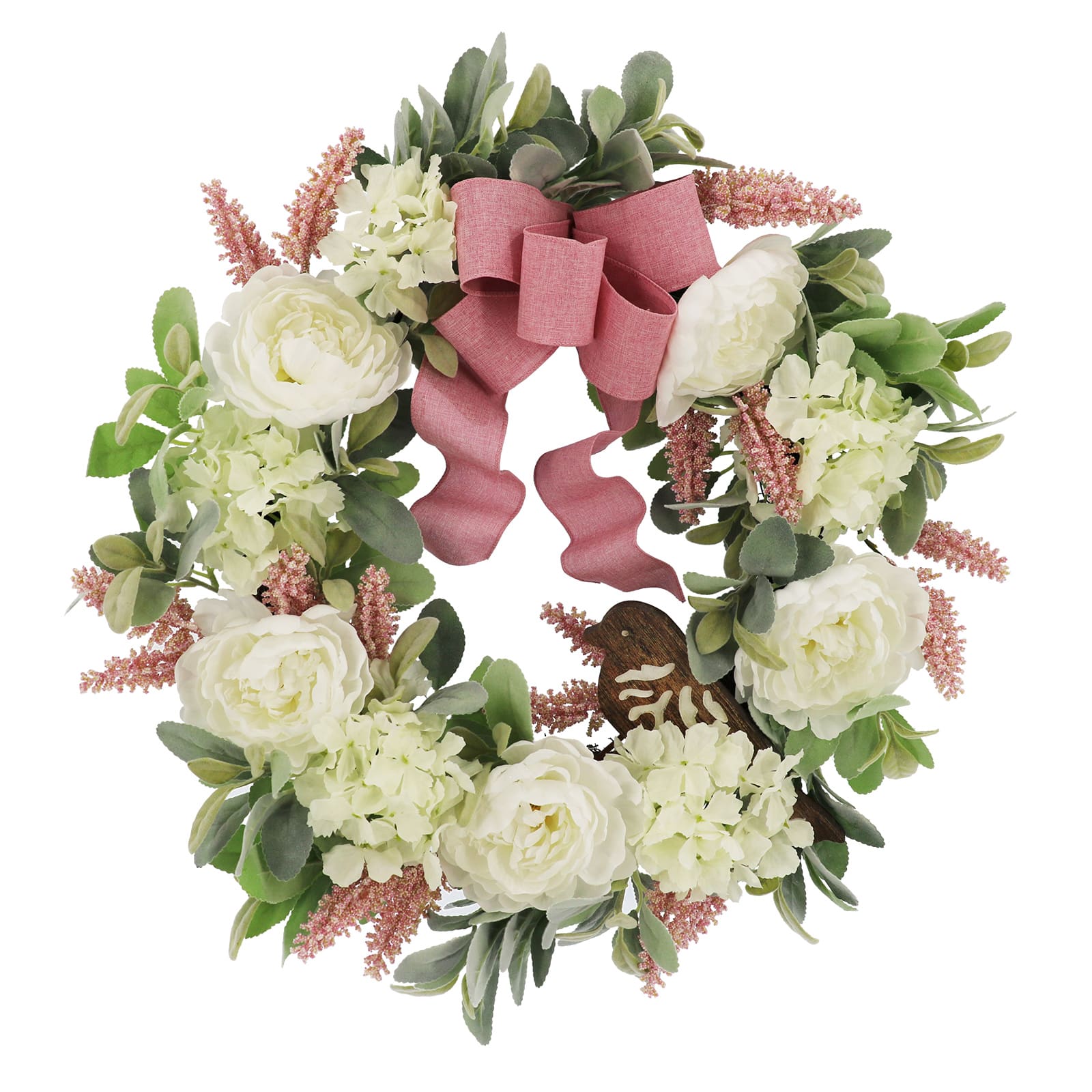 24" Cream Peony with Pink Bow & Bird Wreath by Ashland®