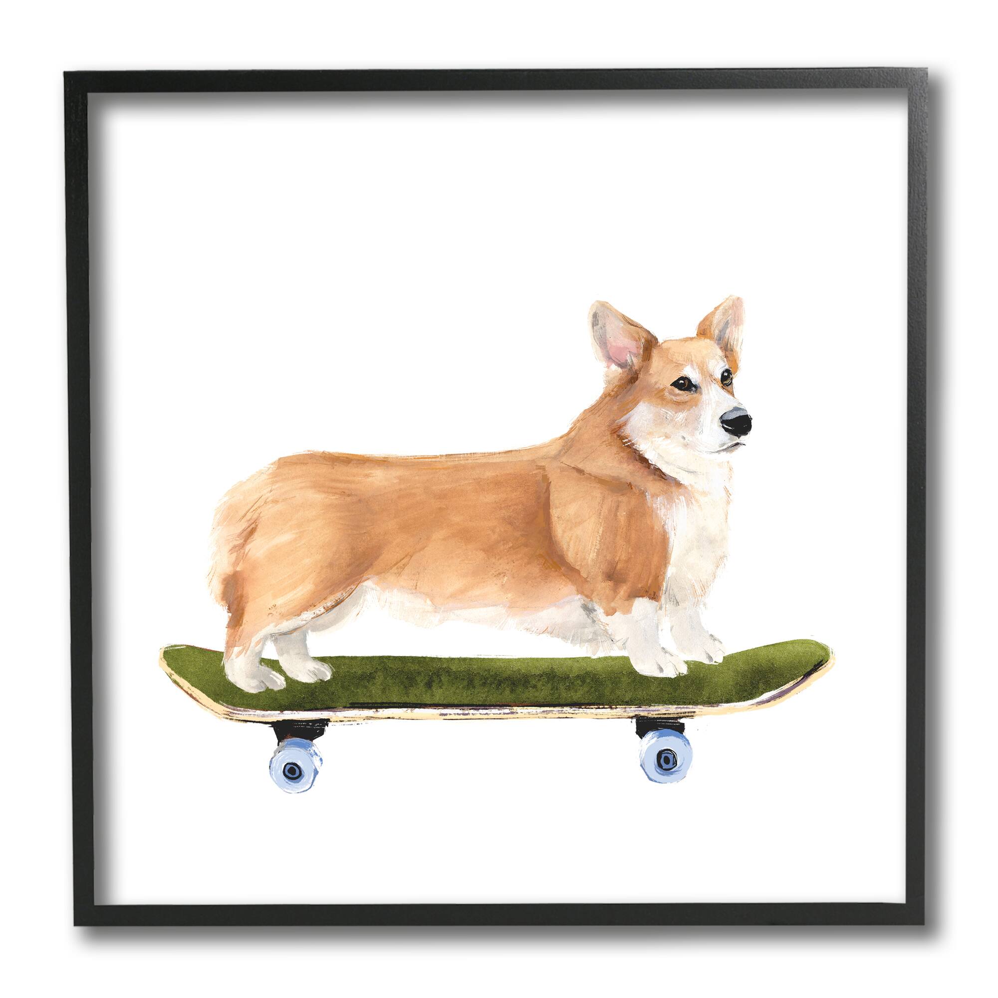 Stupell Industries Playful Corgi Pet Dog on Green Skateboard,12" x 12"