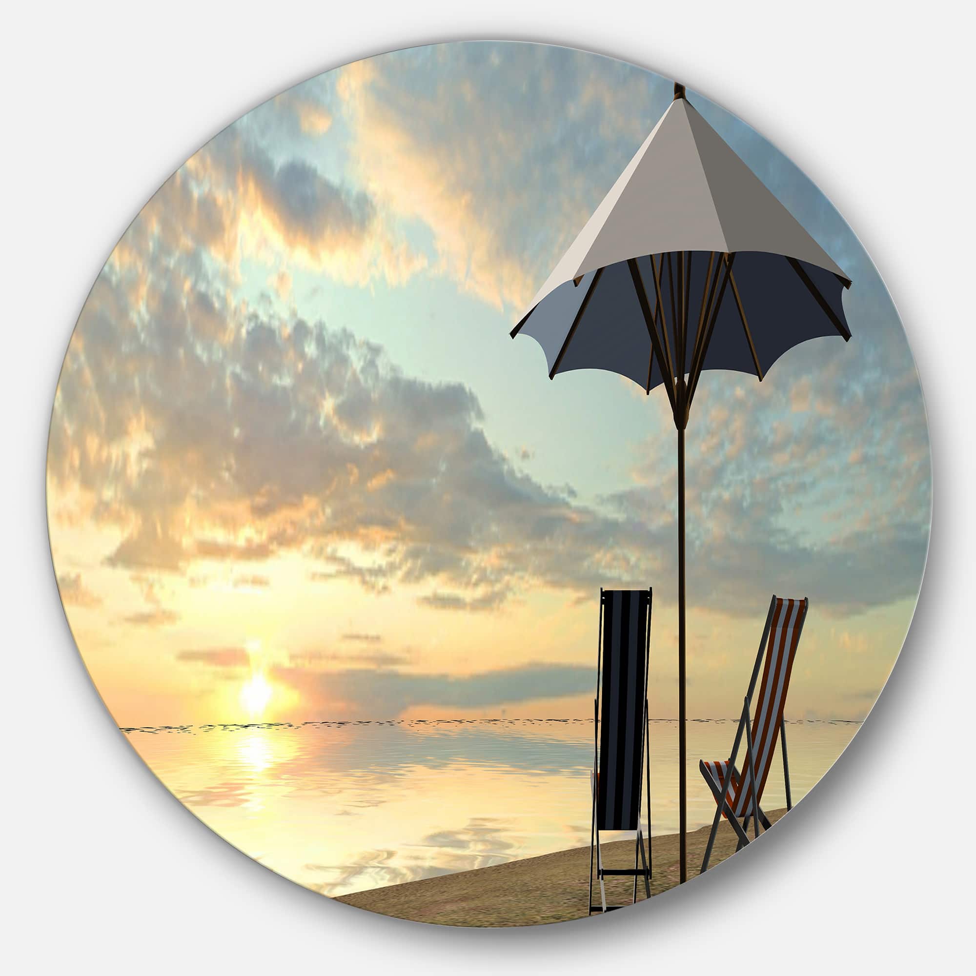 Designart - Deck Chairs and Umbrella on Beach&#x27; Seascape Metal Artwork