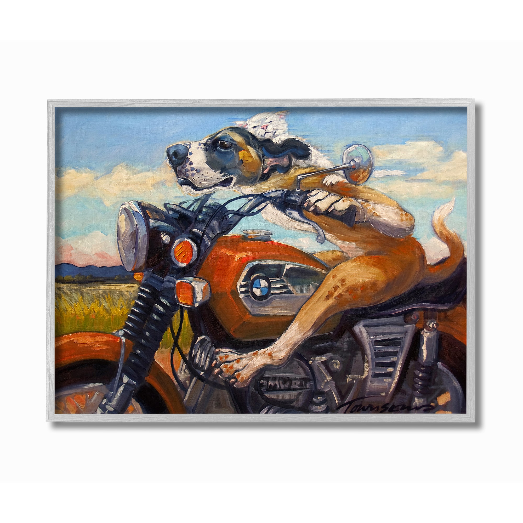 Stupell Industries Dog And Cat on a  Red Motorcycle Road Trip Painting in Gray Frame Wall Art