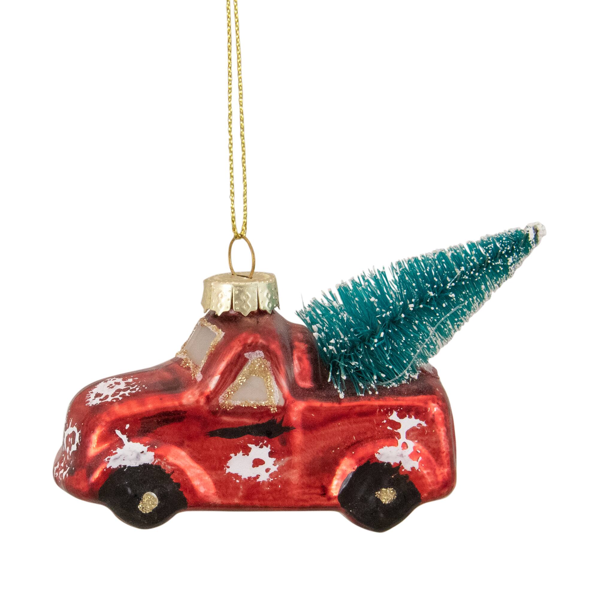 4" Red Metallic Truck with a Sisal Tree Glass Christmas Ornament