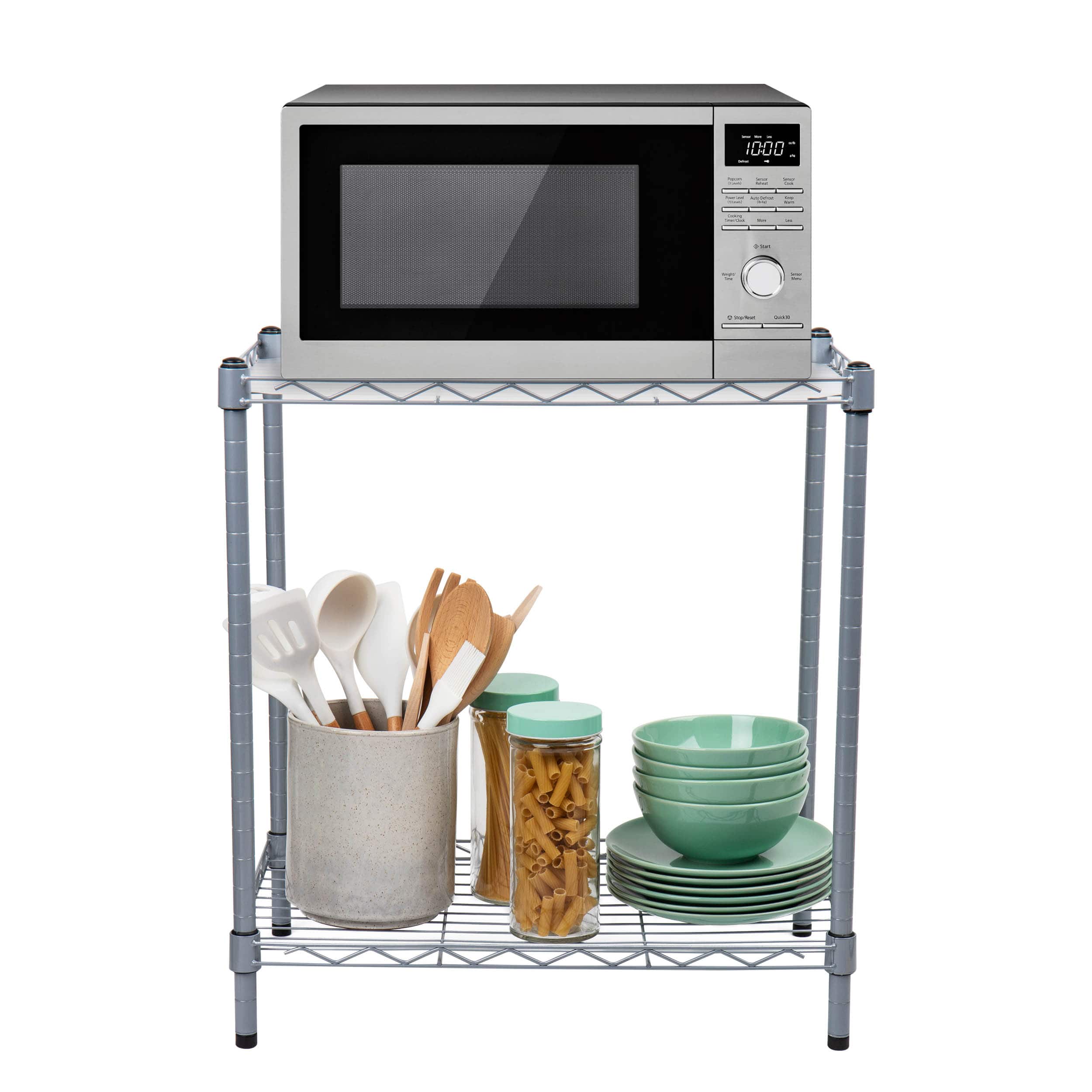Mind Reader Silver 2-Tier Metal Rack Utility Shelf &#x26; Microwave Stand with Hooks on the Side