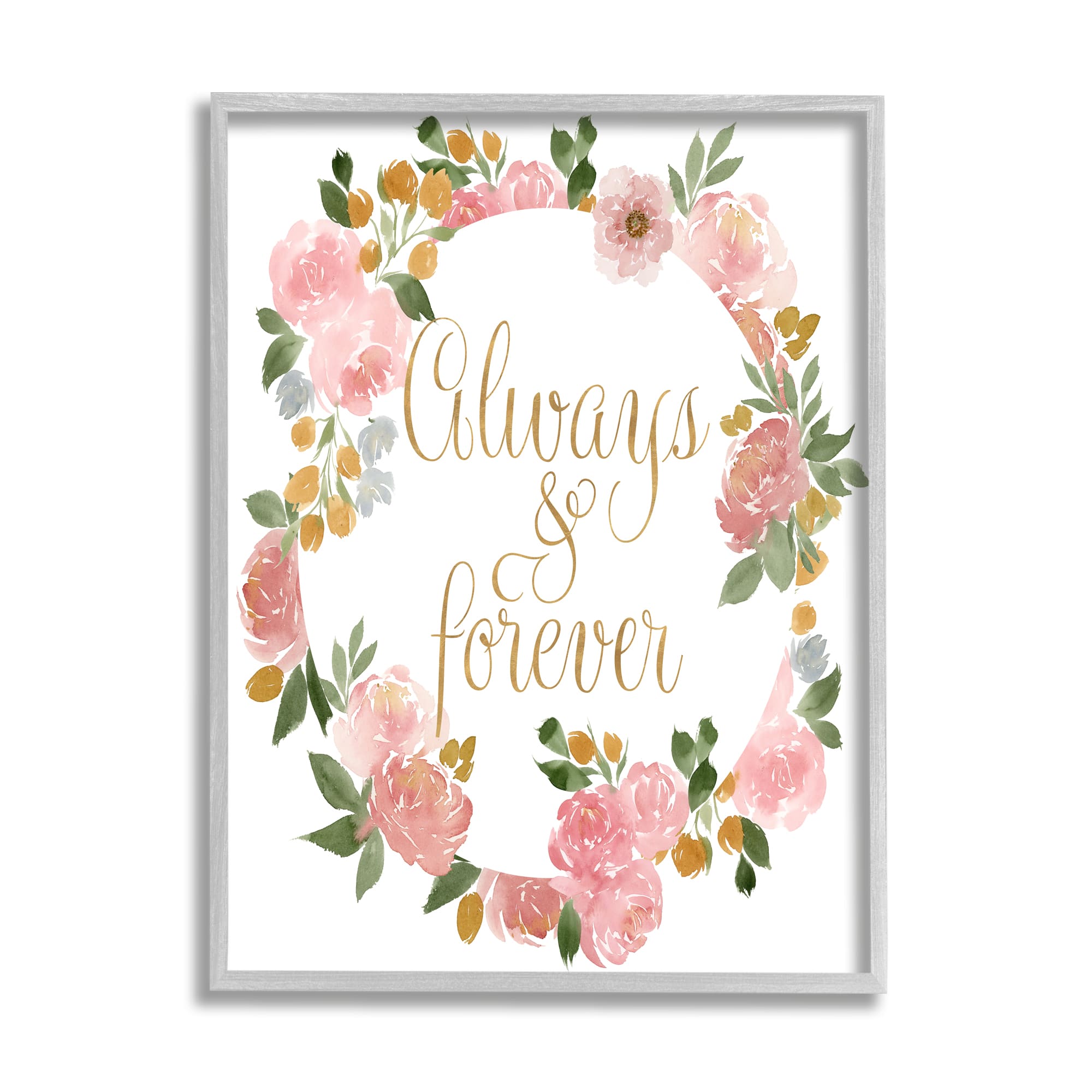 Stupell Industries Always and Forever Love Motivational Pink Rose Wreath Framed Wall Art