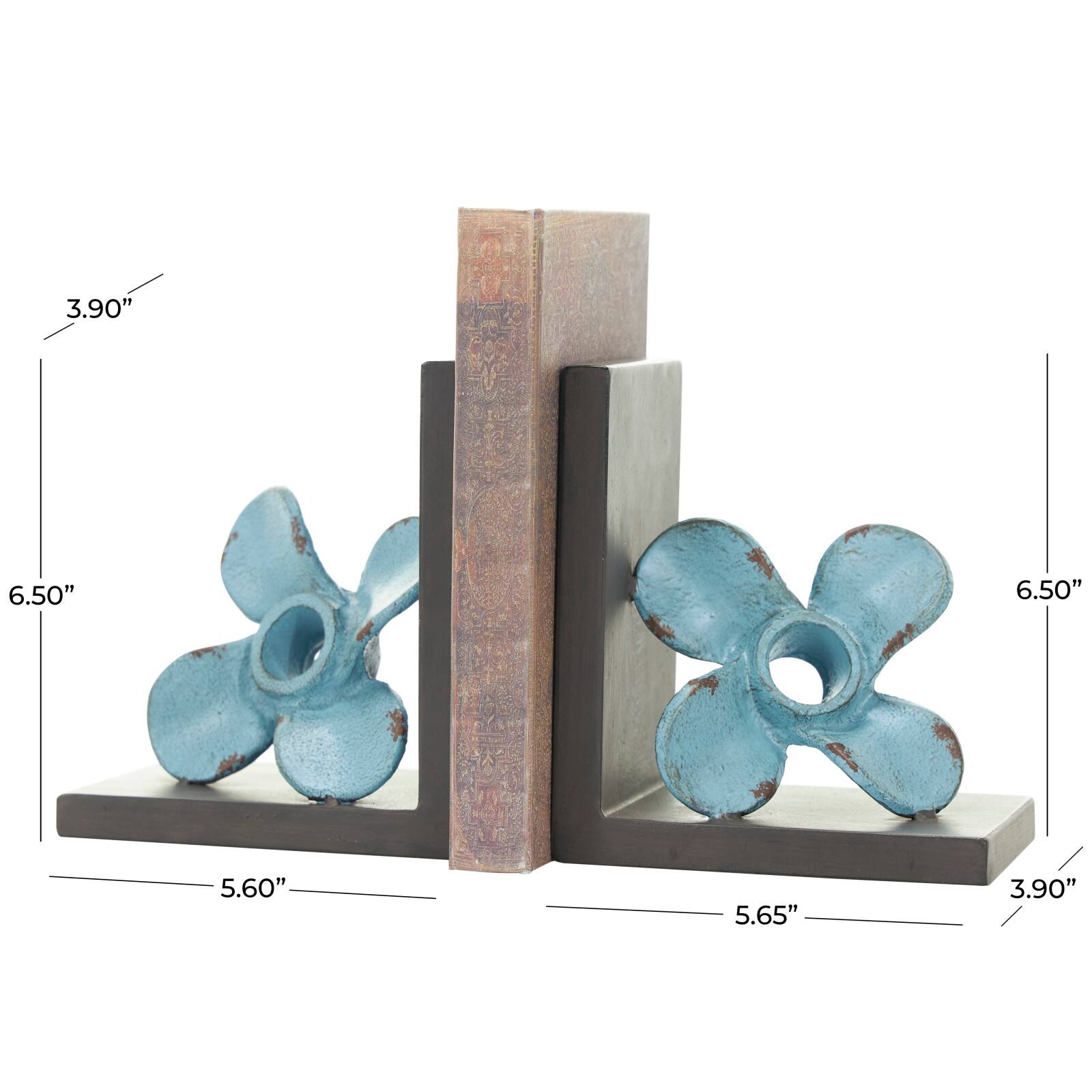 6.5" Teal Metal Boat Distressed Propeller Bookends with Brown L-Shaped Stands