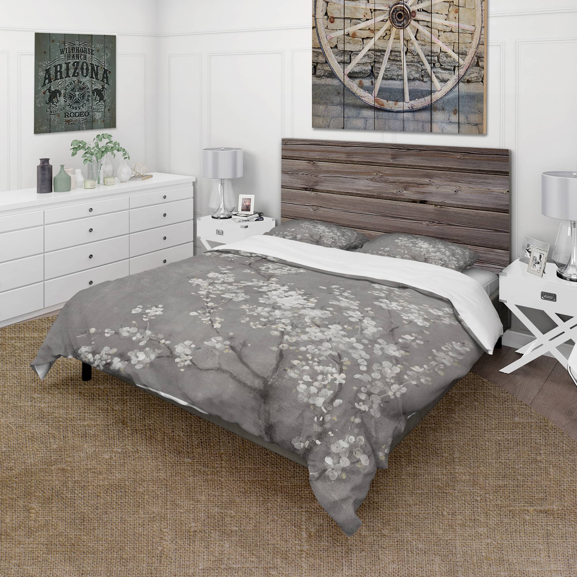 Designart &#x27;White Cherry Blossoms II&#x27; Farmhouse Bedding Set - Duvet Cover &#x26; Shams