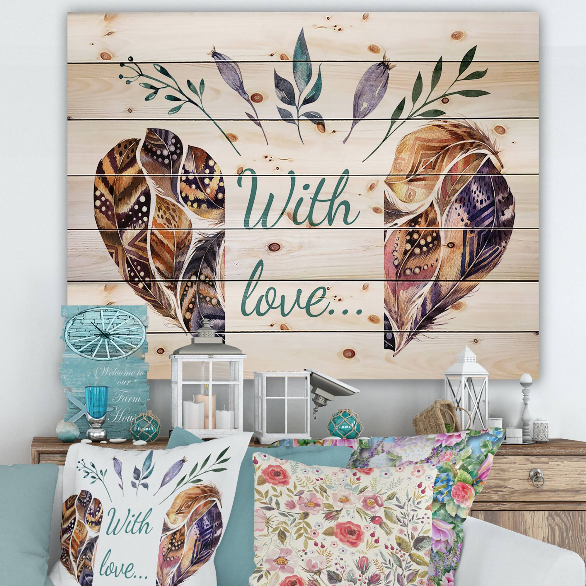 Designart - Hearted Shaped Valentine Feathers - Traditional Print on Natural Pine Wood