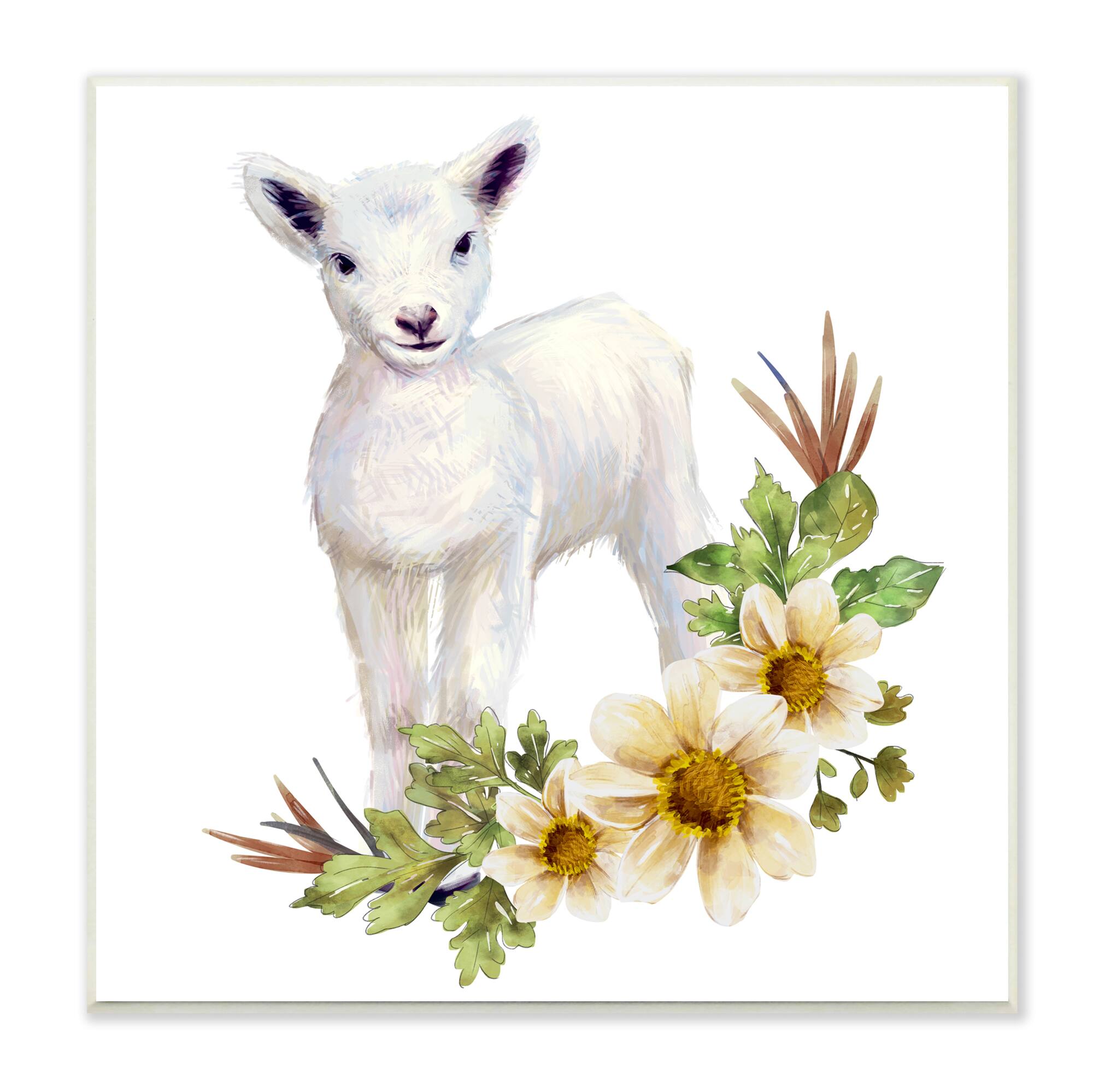 Stupell Industries Baby Lamb Autumn Daisy Florals Tree Leaf Foliage,12" x 12"