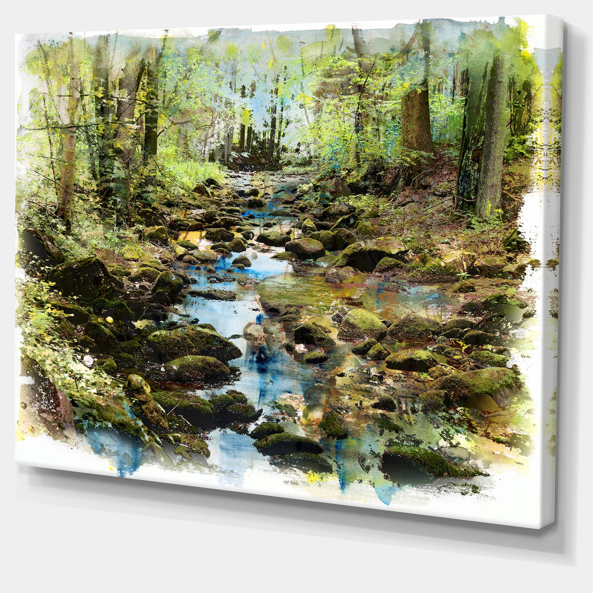 Designart - Stream in the Forest - Landscape Painting Canvas Print