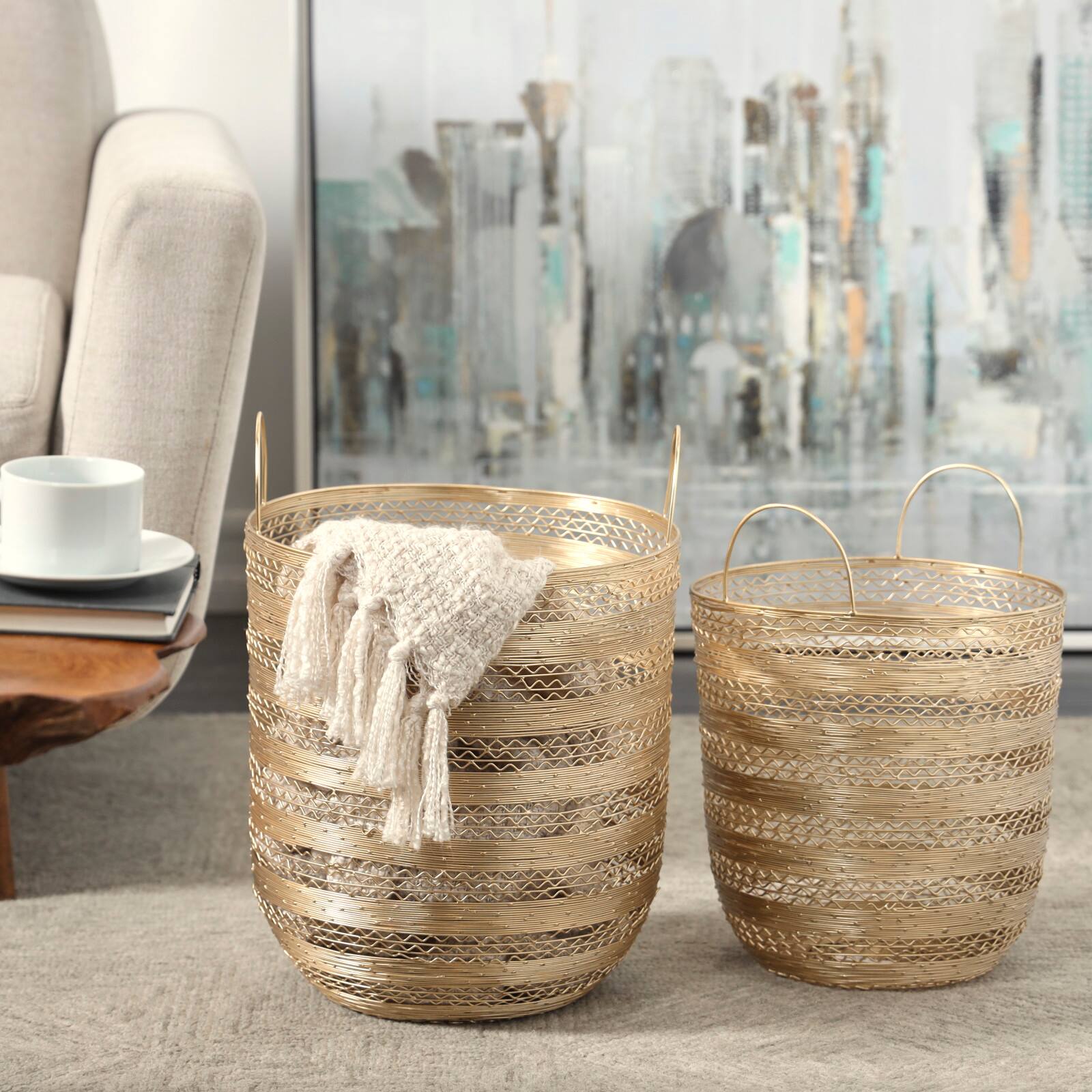 Gold Metal Open Frame Wire Storage Basket Set