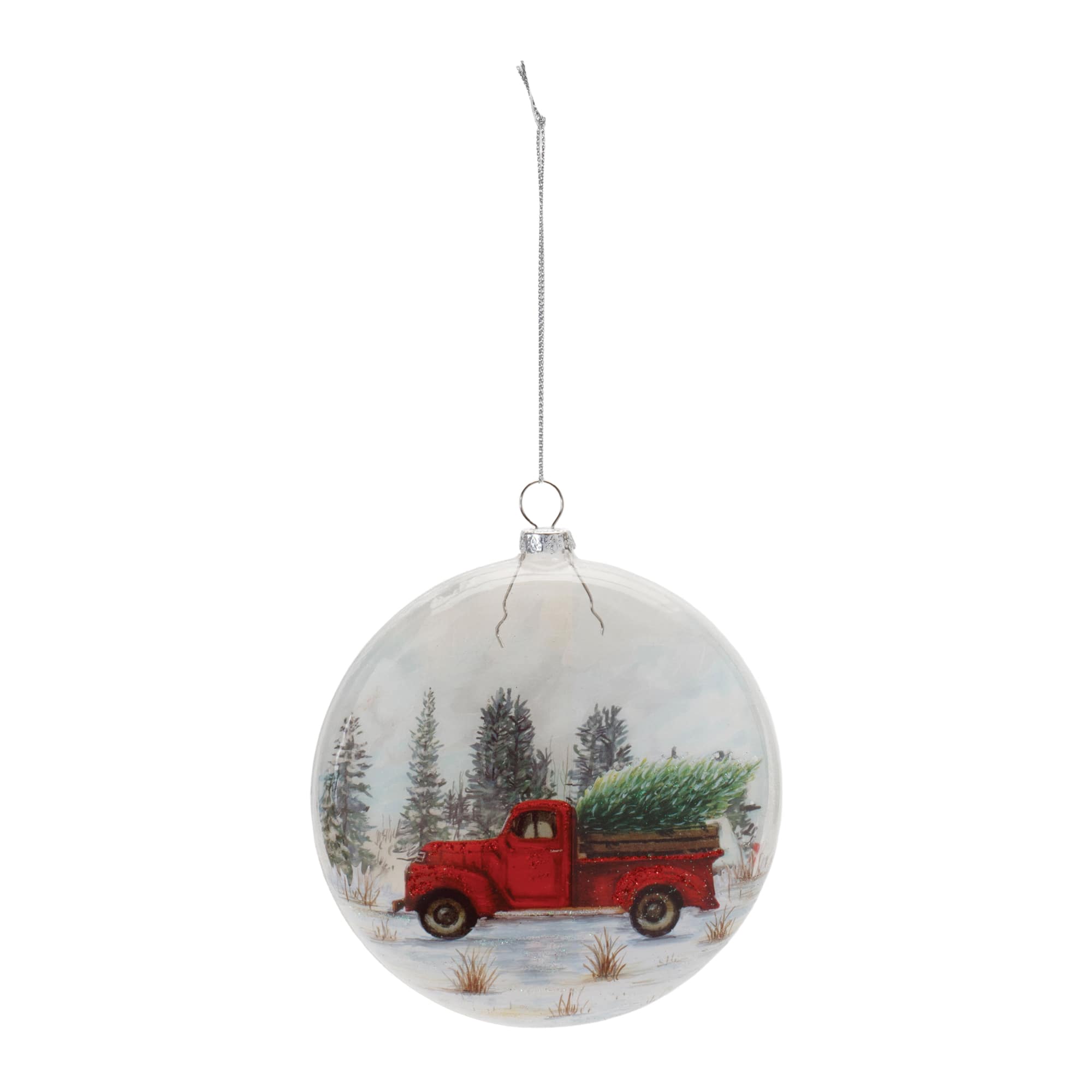 5.75&#x22; Glittered Glass Pickup Truck Disc Ornaments, 6ct.