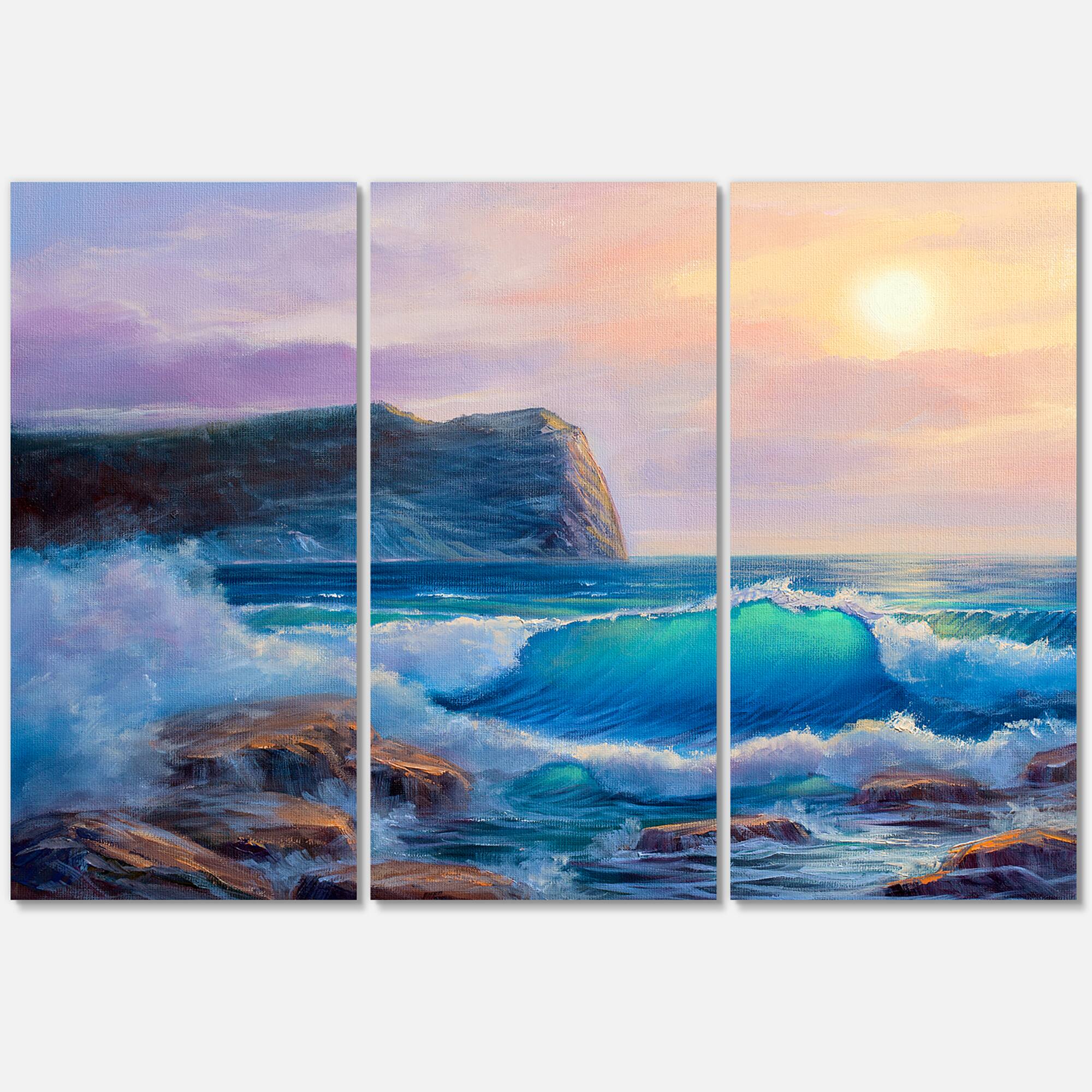 Designart - Blue Waves Breaking At The Beach III - Nautical &#x26; Coastal Canvas Wall Art Print