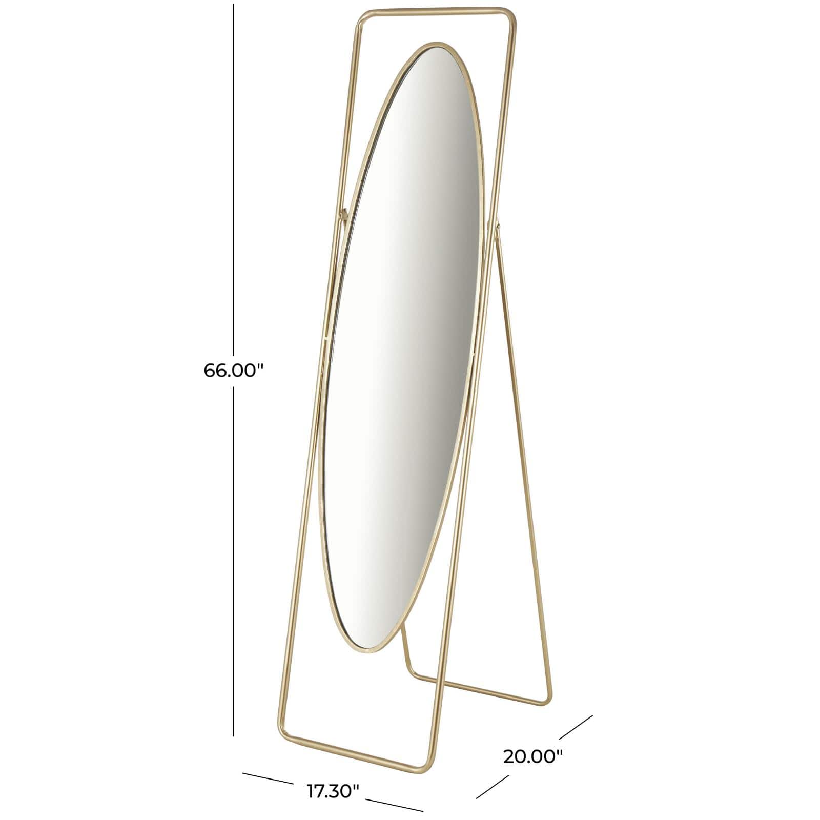 17" x 66" Gold Metal Geometric Oval Floor Mirror with Rectangular Frame & Stand