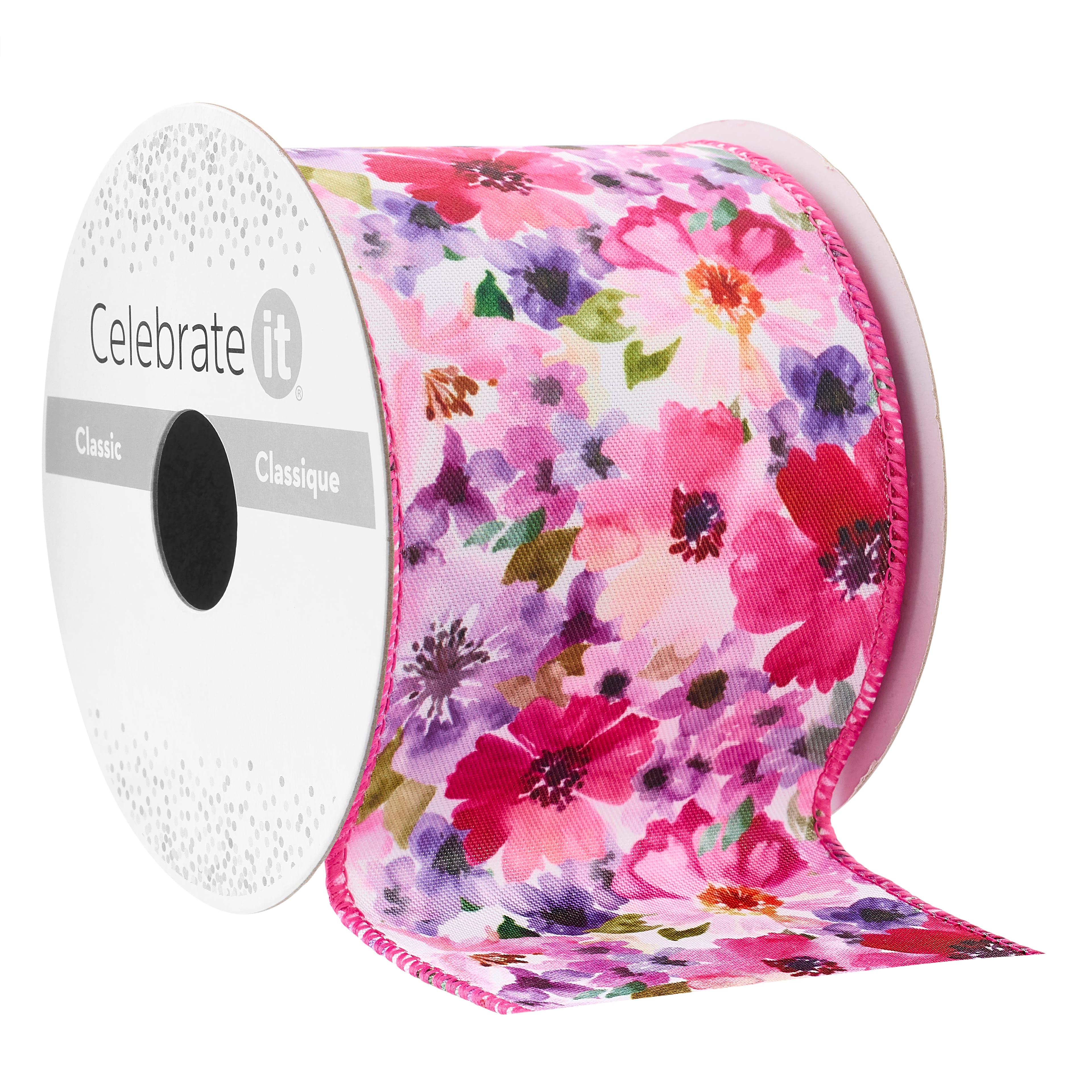 2.5&#x22; x 3yd. Wired Purple Floral Ribbon by Celebrate It&#x2122; Classic