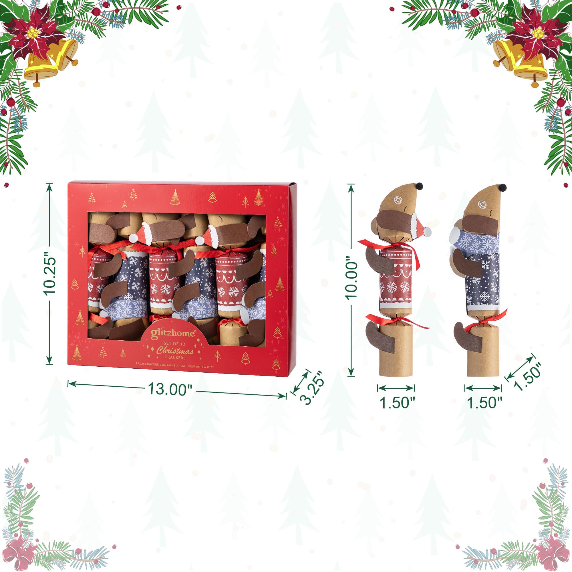 Glitzhome® 12PK 1.5"D x 10"H Dogs Christmas Party Crackers with Gift Contents