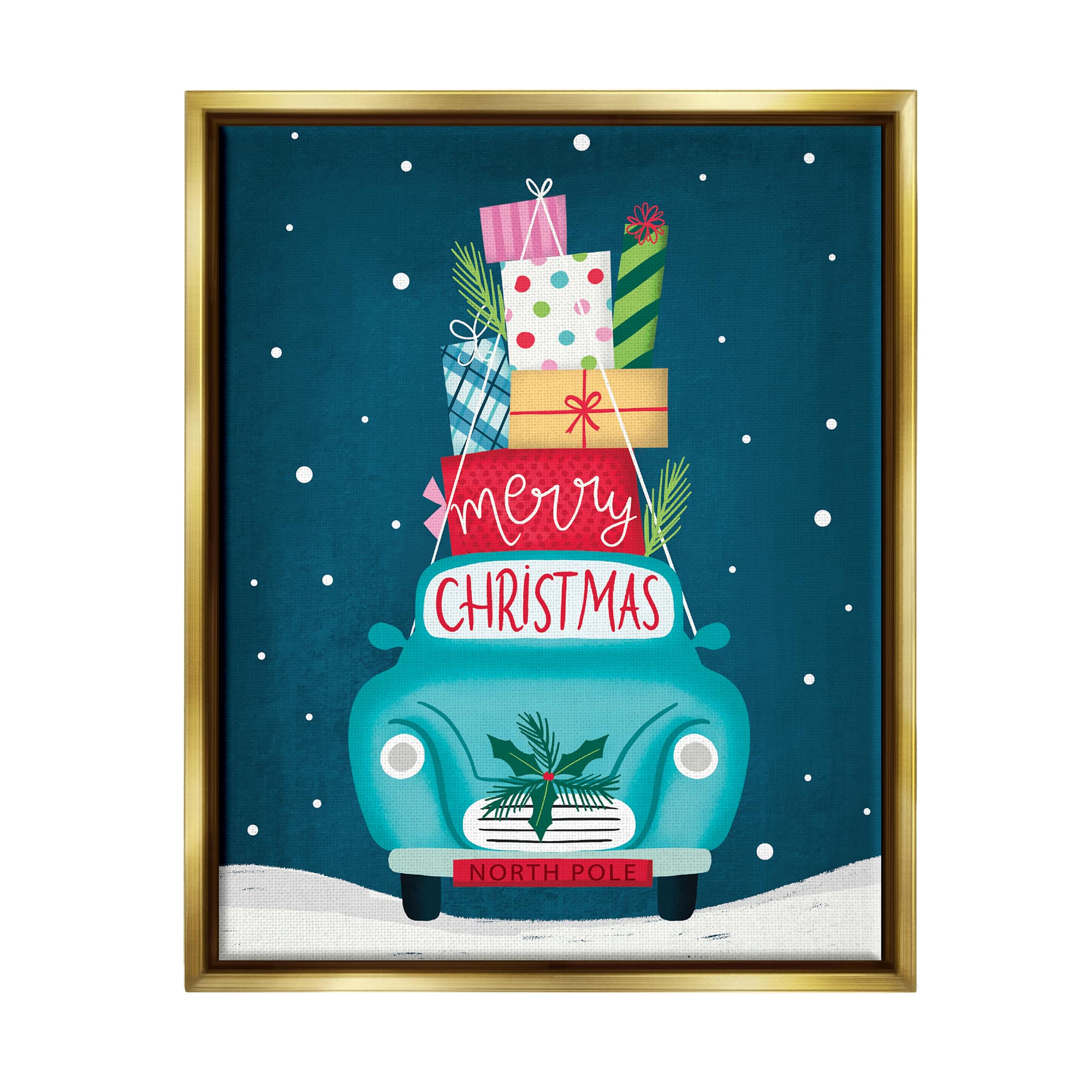 Stupell Industries Merry Christmas Stacked Gifts Car Framed Floater Canvas Wall Art