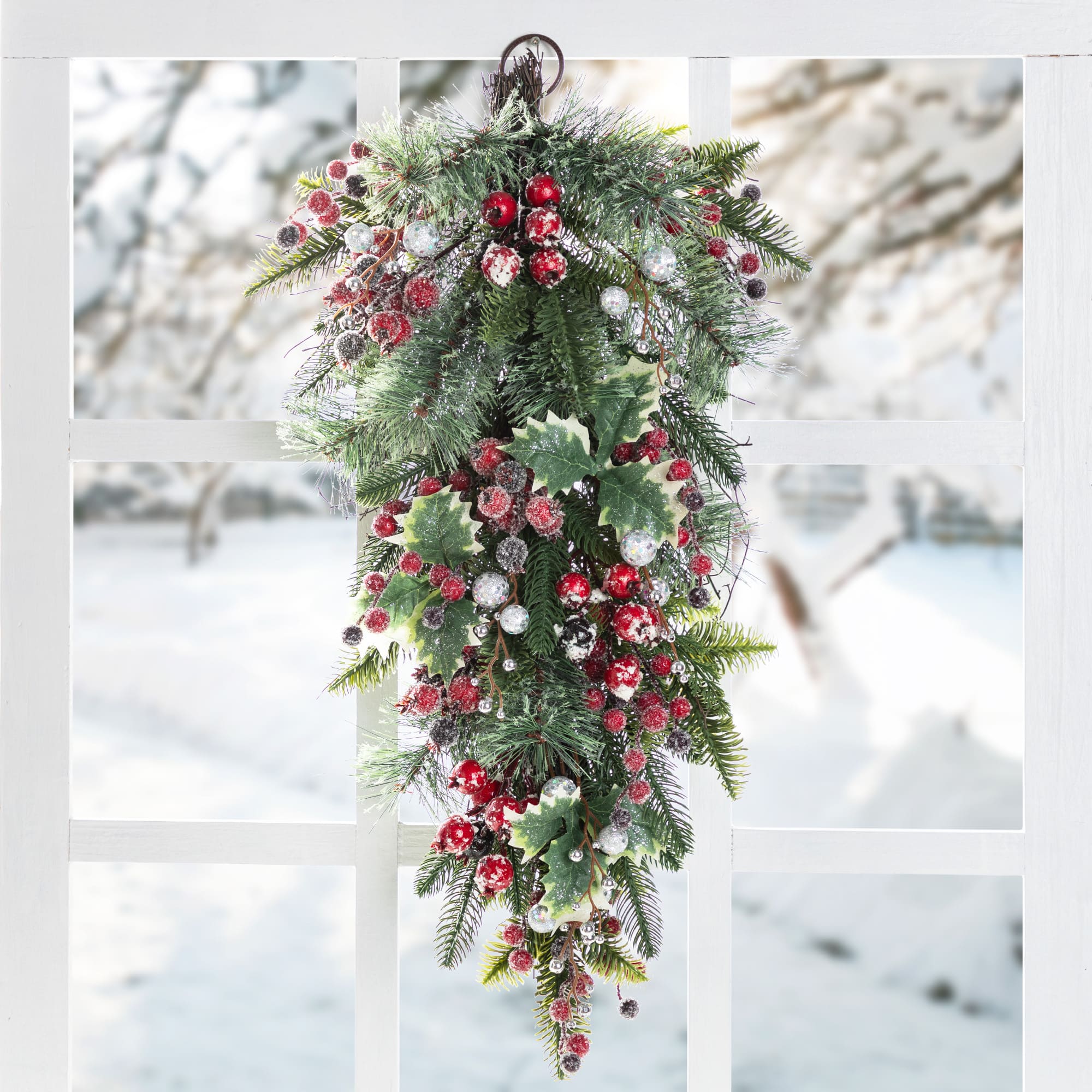 Glitzhome&#xAE; 28&#x22;H Christmas Red Pomegranate Berry &#x26; Holy Leaf Teardrop