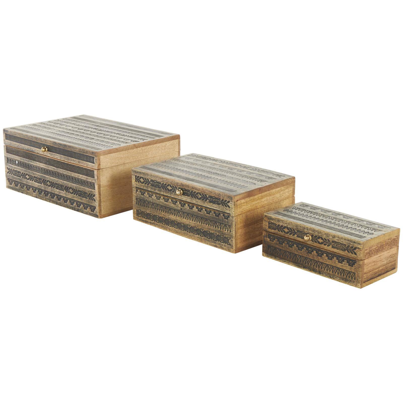 Brown Handmade Storage Box Set with Black Tribal Carvings & Gold Accents