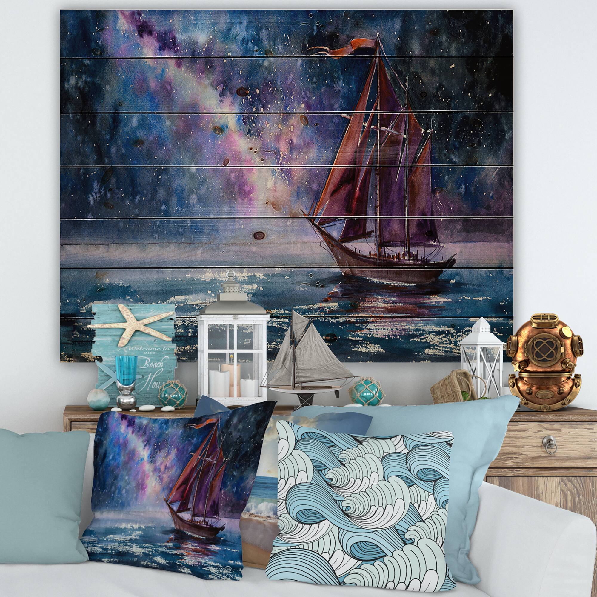 Designart - Wooden Sailboat With Red Sails & Bright Night Sky - Nautical & Coastal Print on Natural Pine Wood