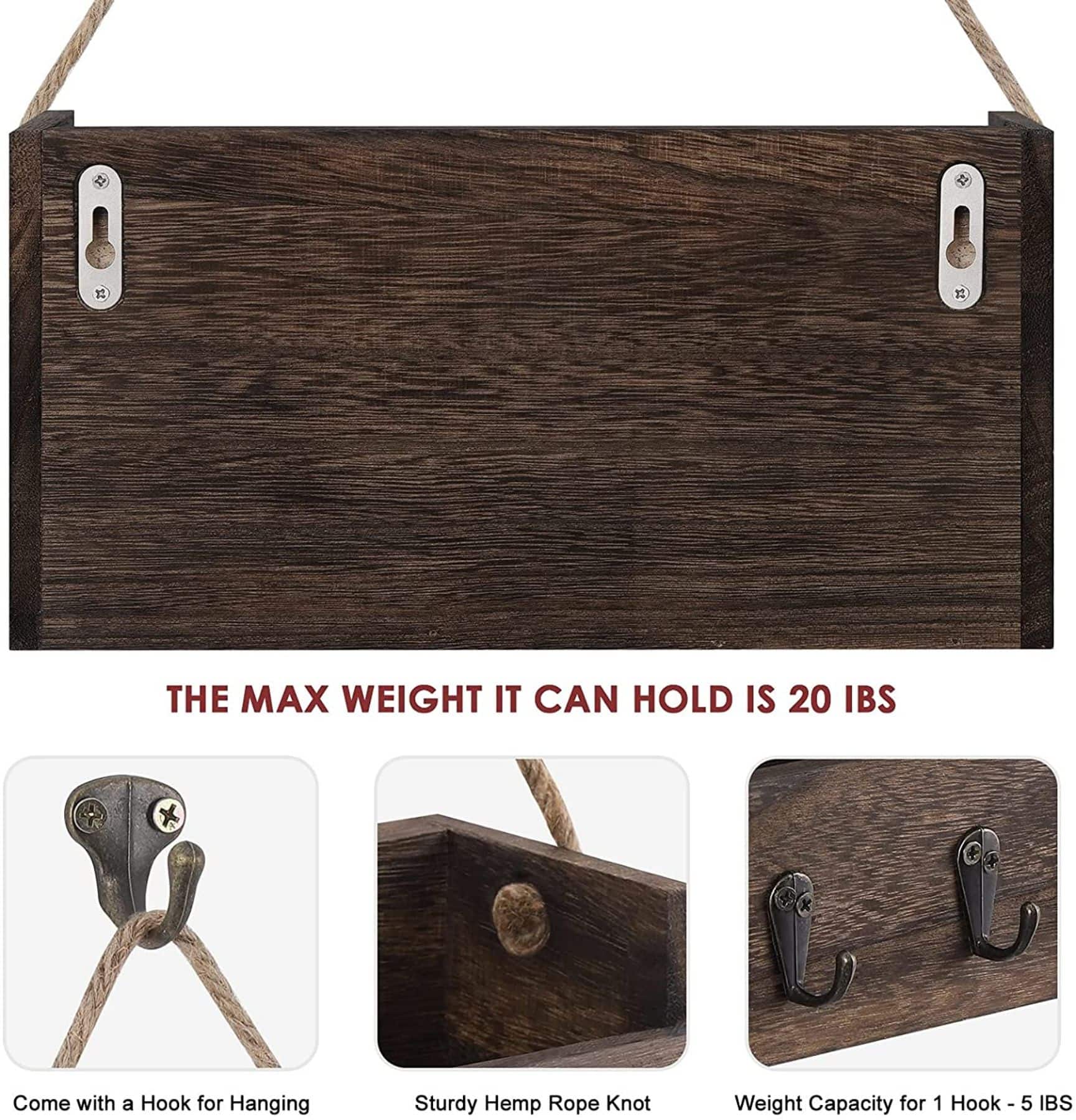 NEX™ Brown Hanging Wall-Mounted Mail Organizer with 5 Hooks
