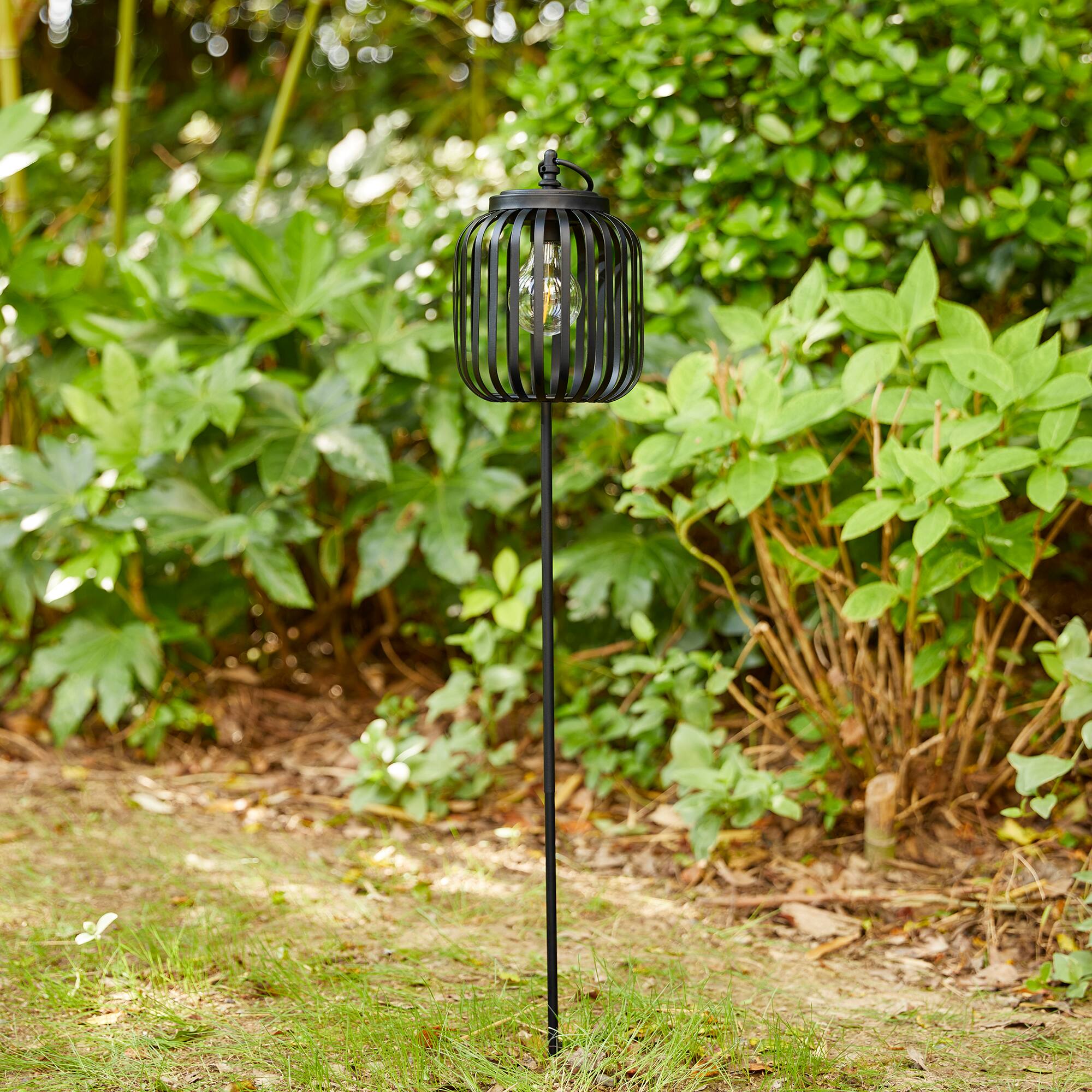 Glitzhome&#xAE; 33&#x22; Black Metal Stripes Solar Powered Outdoor Lantern