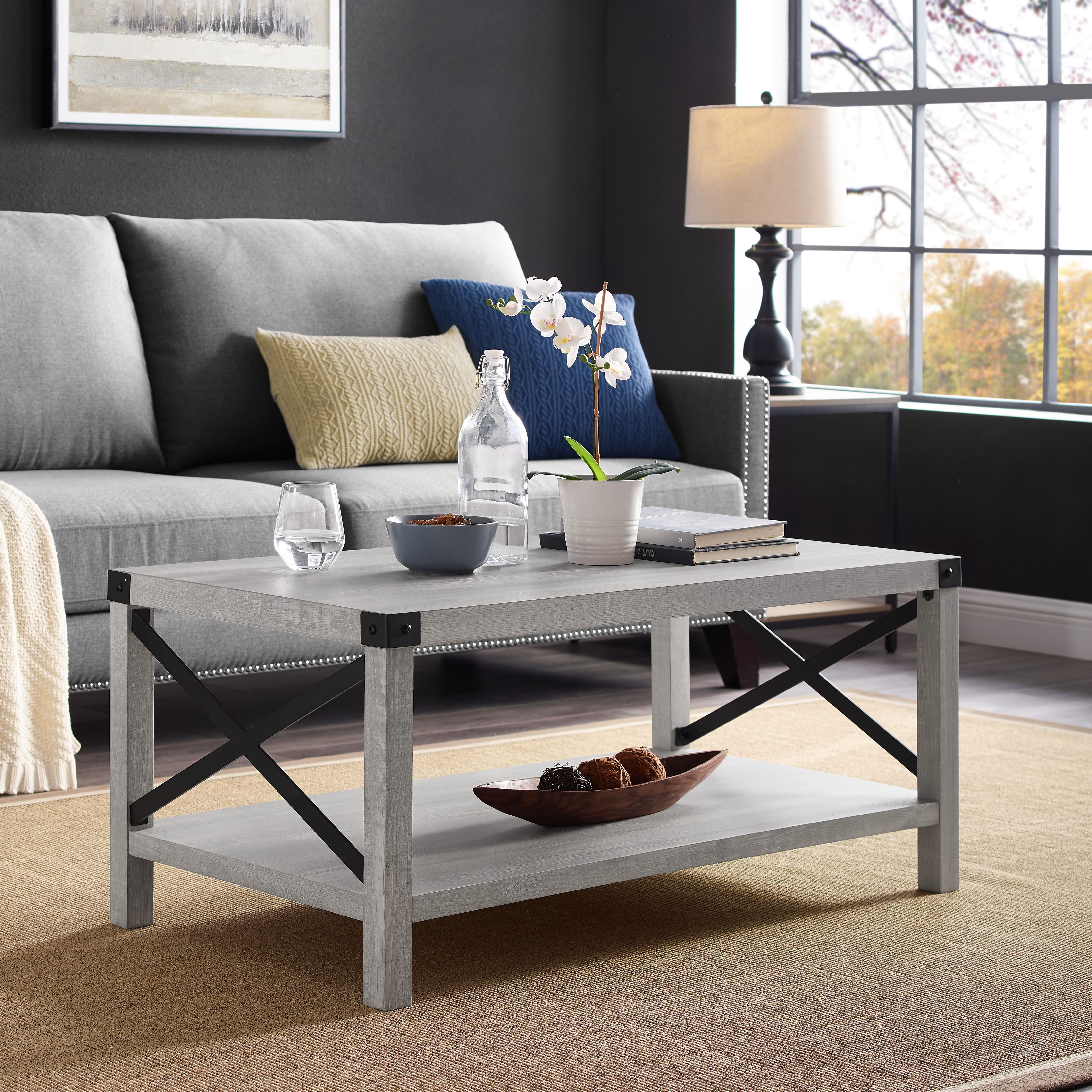 Stone Gray Metal X Rustic Wood Coffee Table