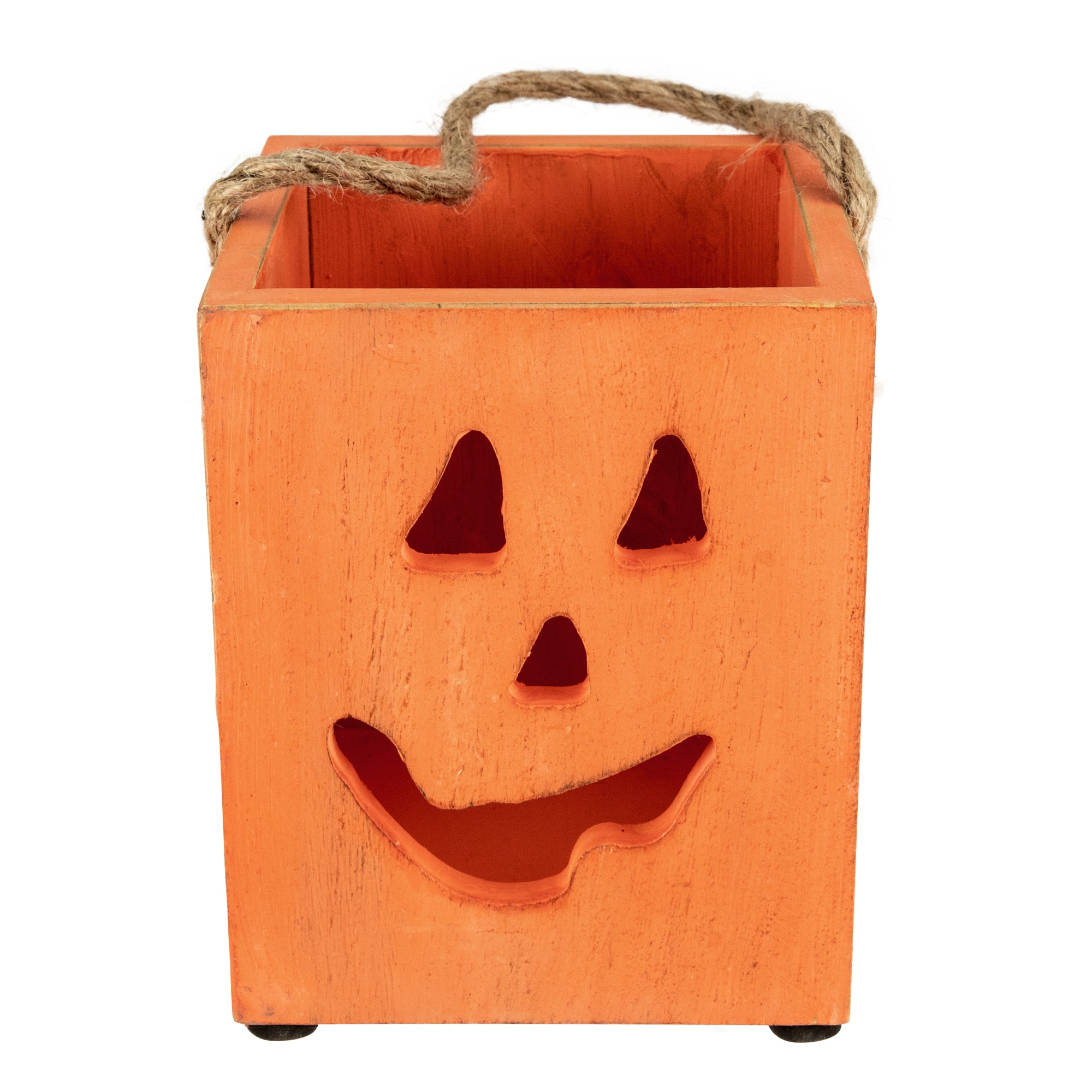 6&#x22; Orange Wood Jack-O-Lantern Halloween Candle Lantern