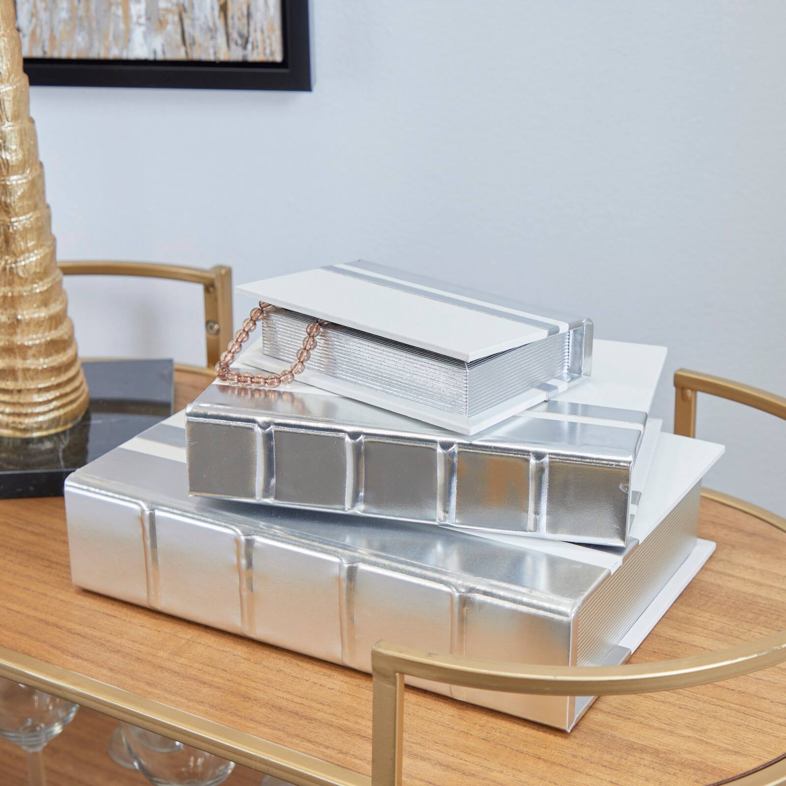 CosmoLiving by Cosmopolitan Silver Faux Leather Faux Book Box with Metallic Finish Set