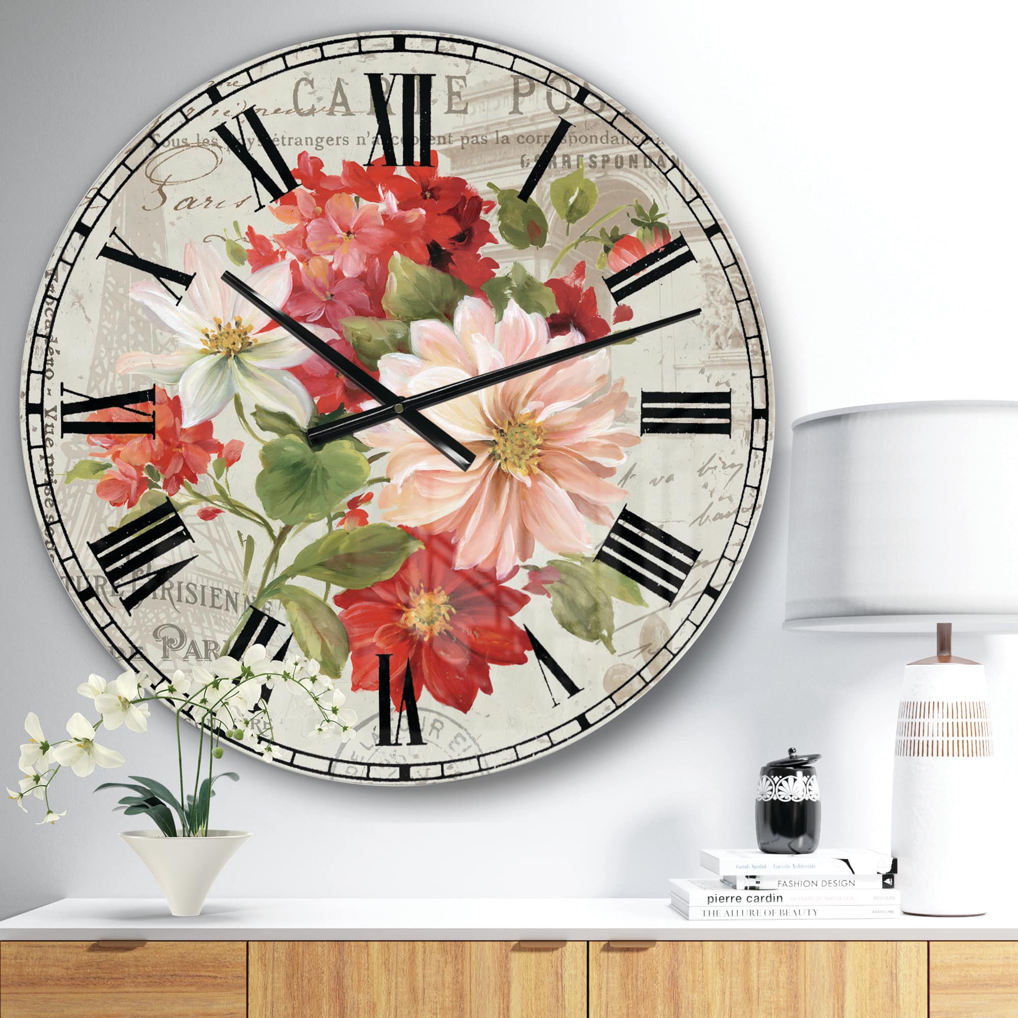 Designart 'Red Painted Flowers On Vintage Postcard Ii Farmhouse Wall Clock