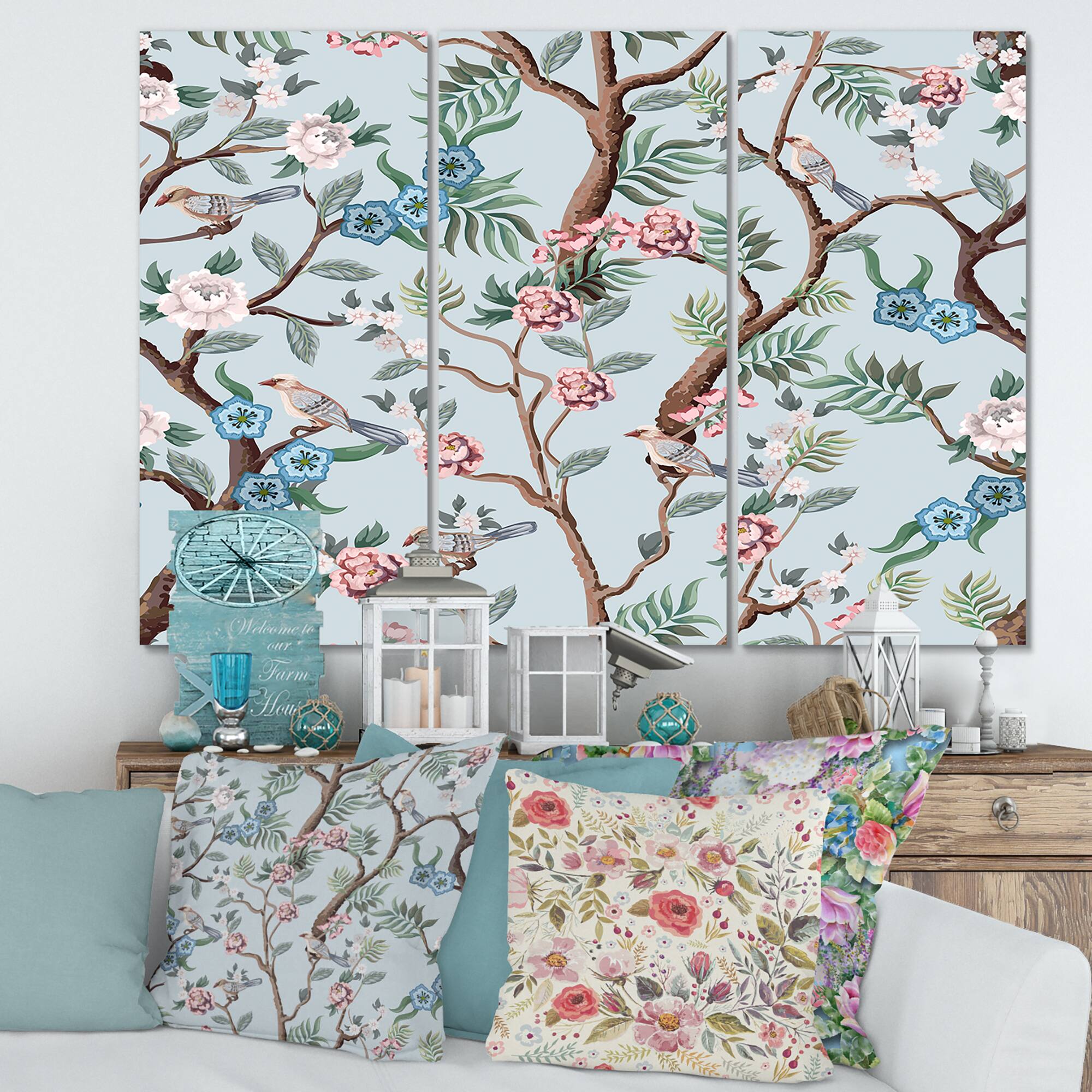 Designart - Chinoiserie With Birds and Peonies X - Traditional Canvas Wall Art Print