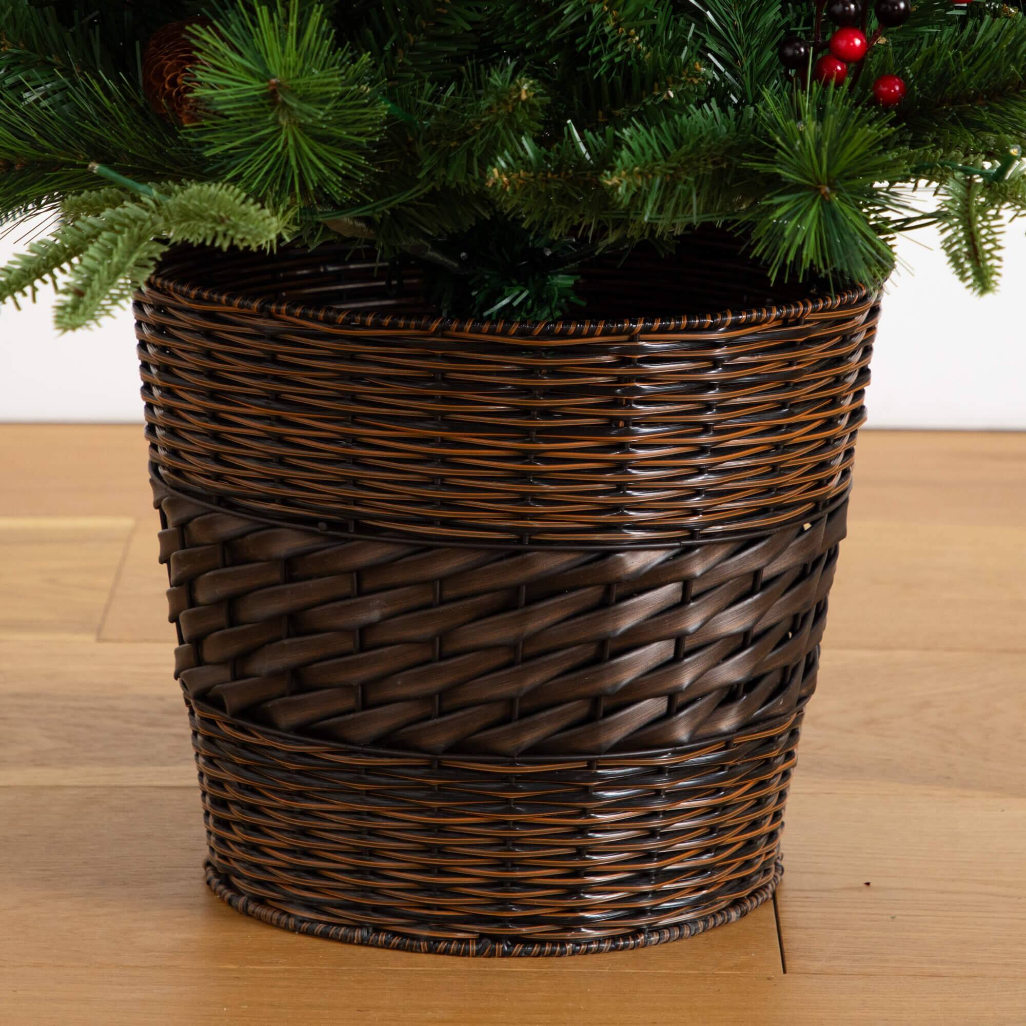 5 Piece Pre-Lit Norfolk Pine Artificial Tree, Garland and Wreath Set with Warm White LED Lights and Decorative Pots