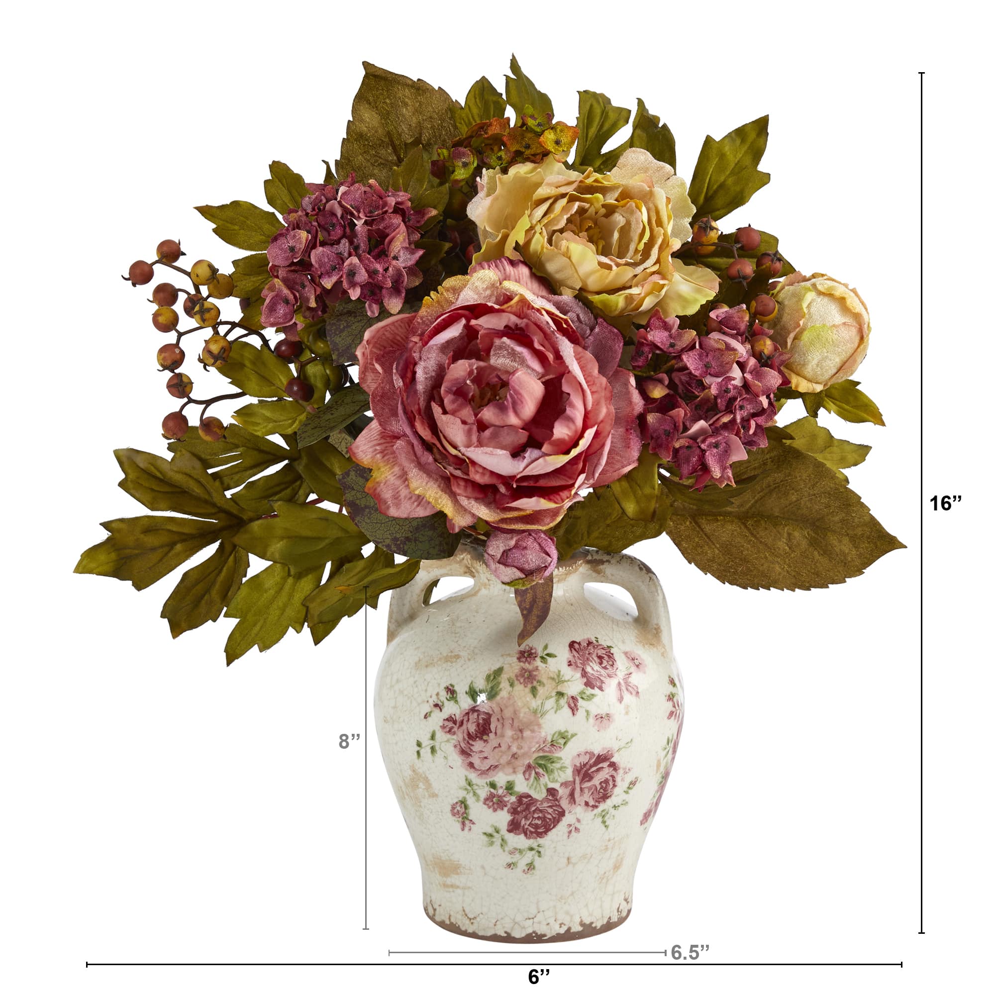 16&#x27;&#x27; Pink &#x26; Yellow Peony Arrangement in Flower Print Jar