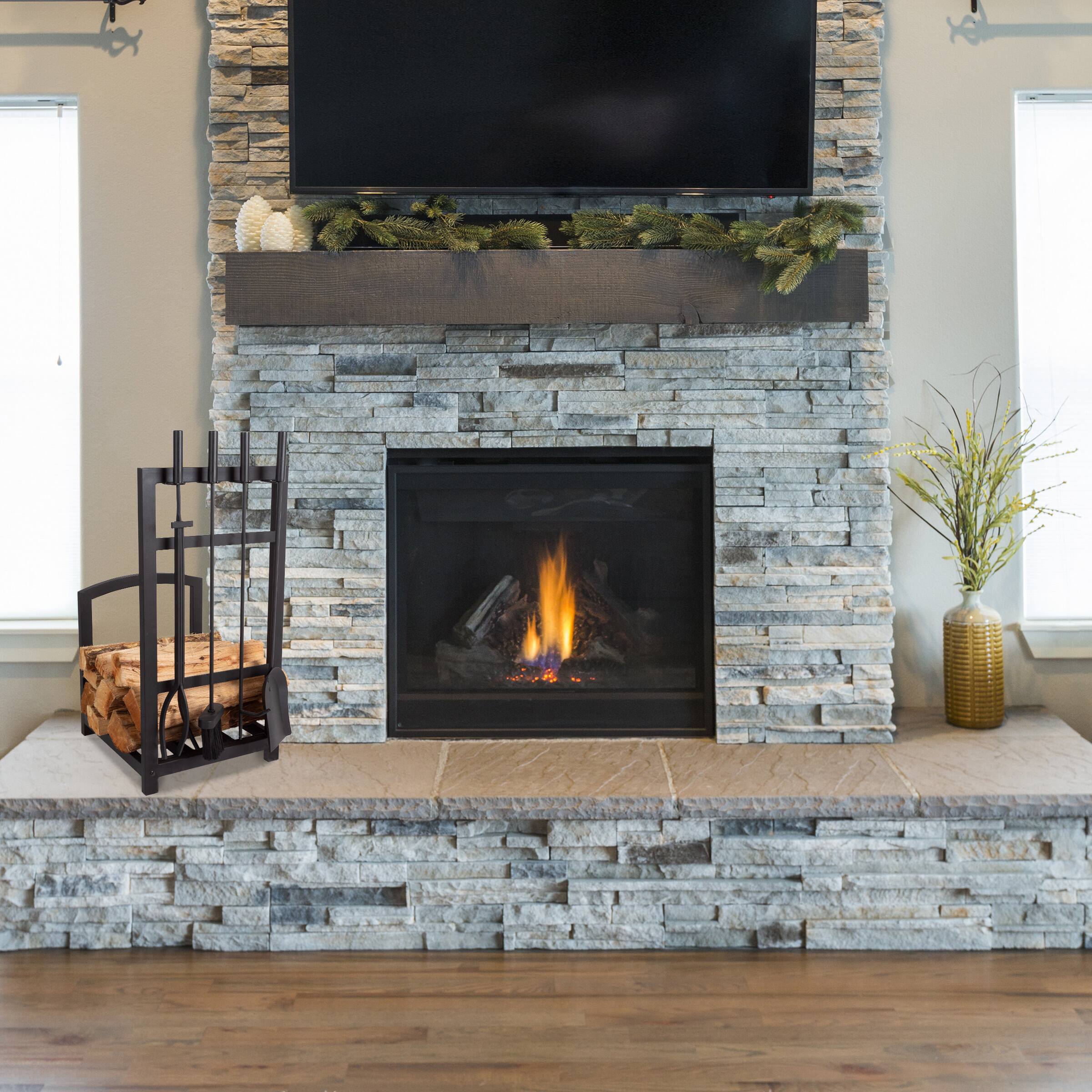 Hastings Home Black Fireplace Tool Set &#x26; Rack