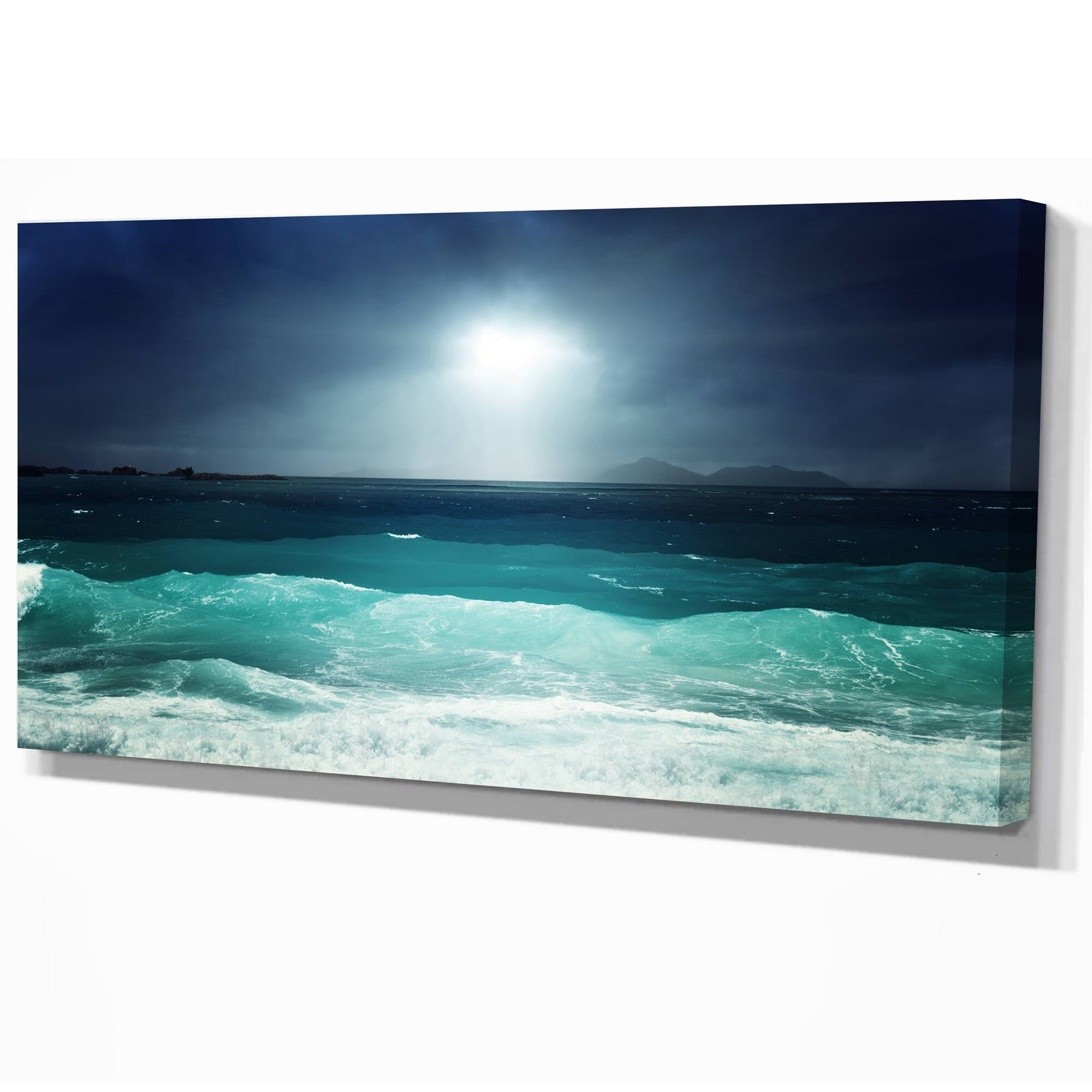Designart - Green Ocean Waves under Dark Sky - Sea & Shore Photographic on wrapped Canvas
