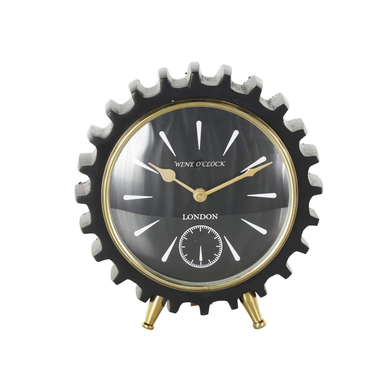 Black Aluminum Gear Clock with Gold Hands and Legs