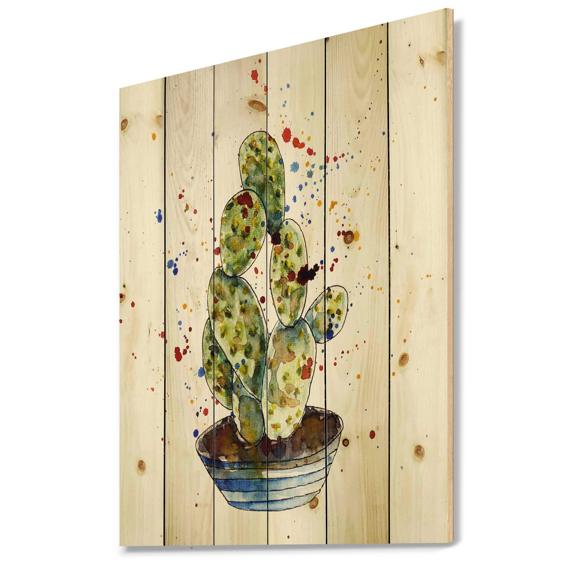 Designart - Cactus Houseplant - Botanical Print on Natural Pine Wood