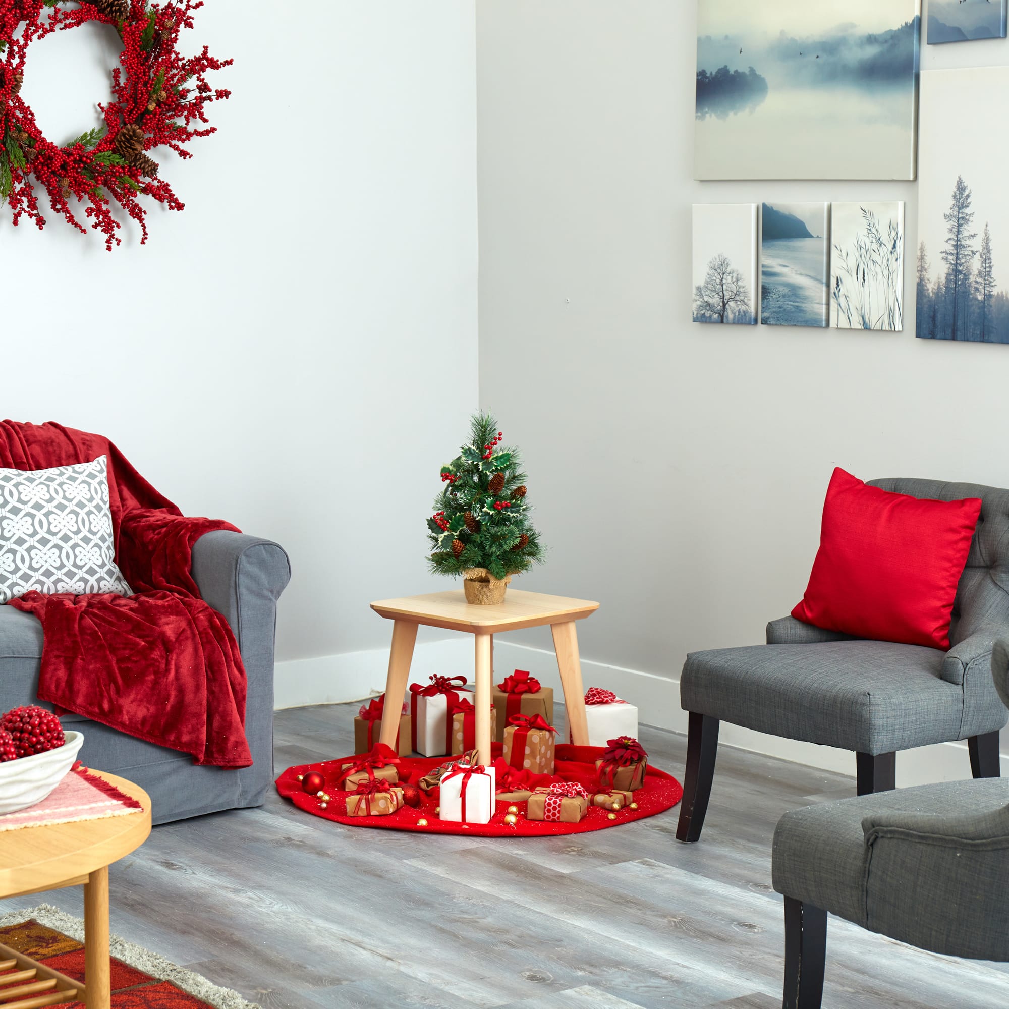 18" Pre-Lit Mixed Pine Artificial Christmas Tree with Holly Berries & Pinecones, Clear LED Lights