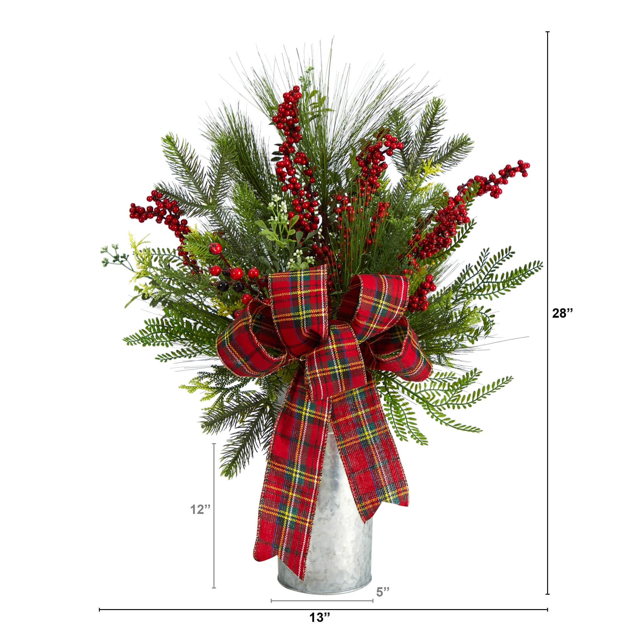 28&#x22; Holiday Winter Greenery, Berries &#x26; Plaid Bow Artificial Christmas Arrangement