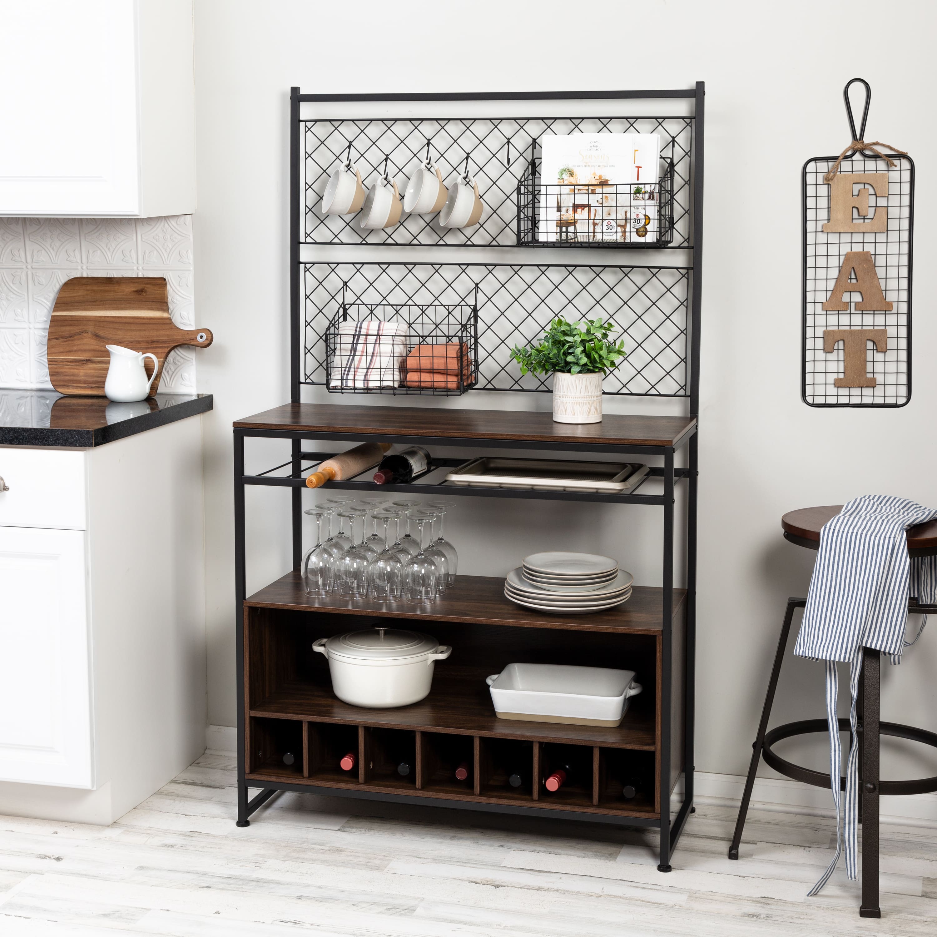 Honey Can Do Black &#x26; Walnut Multi-Purpose Kitchen Bakers Rack With Wine Storage