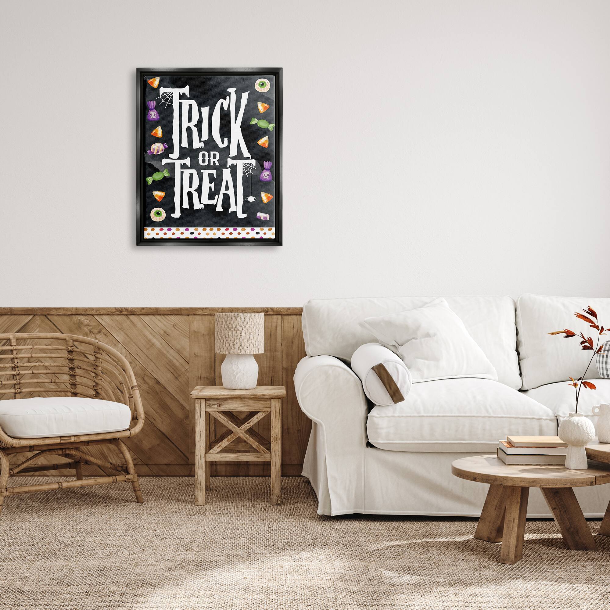Stupell Industries Trick Or Treat Halloween Candy Framed Floater Canvas Wall Art