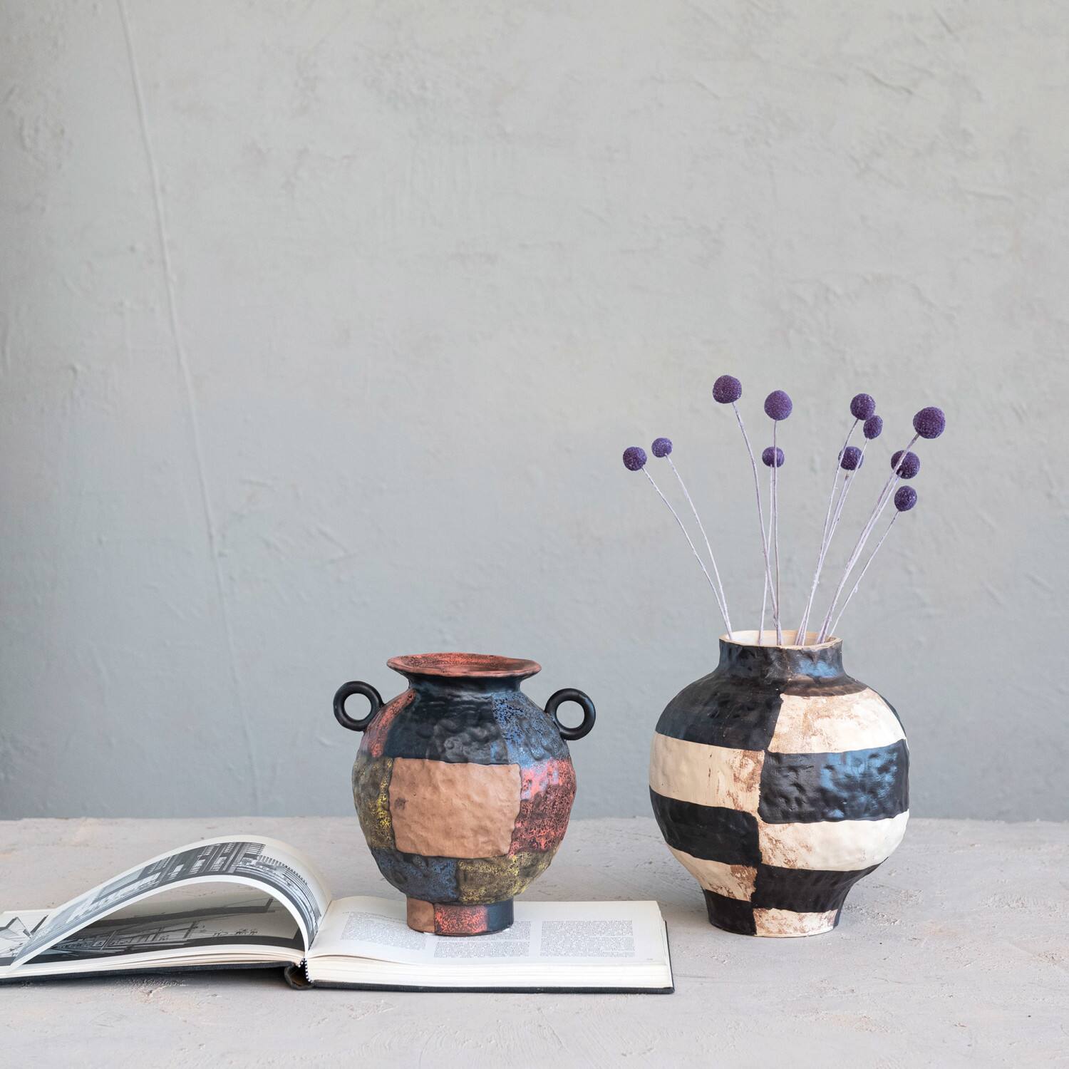 Hello Honey® 8.5" Multicolor Textured Stoneware Vase with Handles & Reactive Glaze